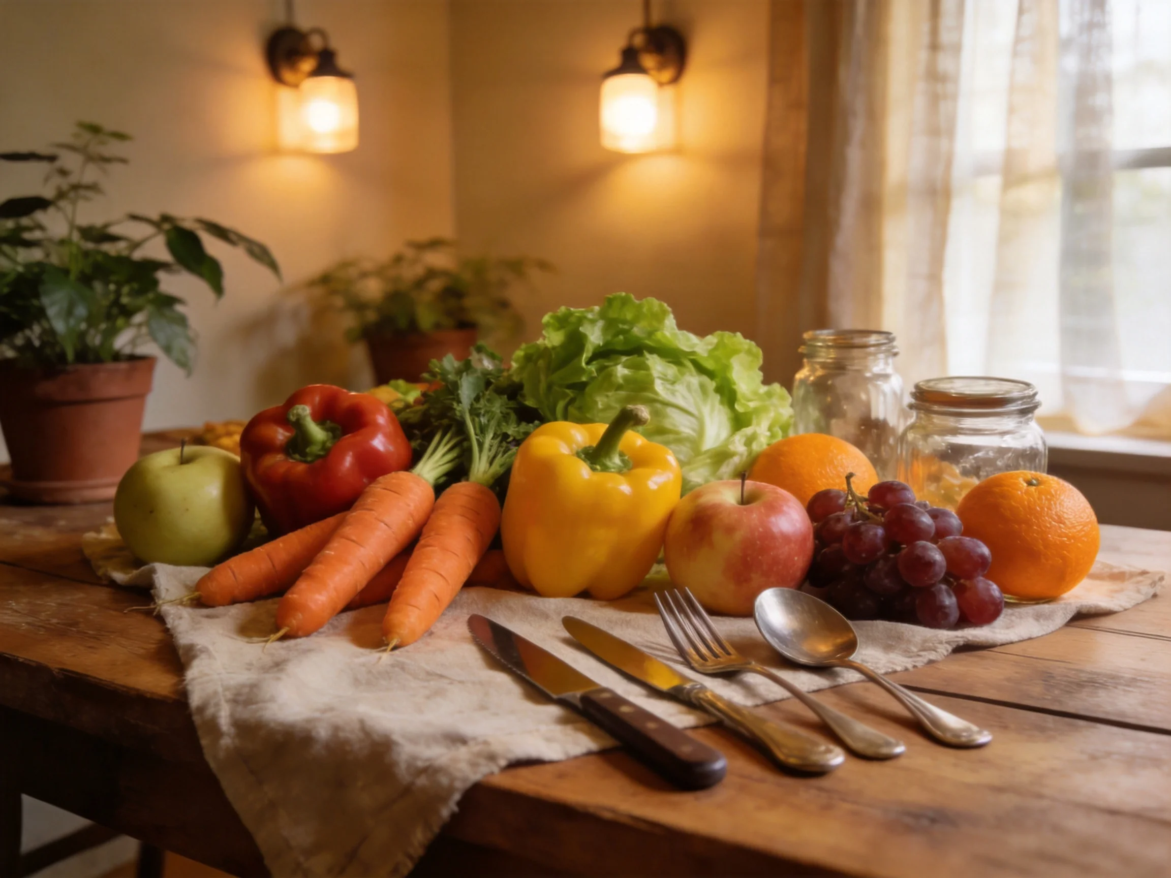 Fresh colorful fruits and vegetables arranged on a rustic wooden table with kitchenware