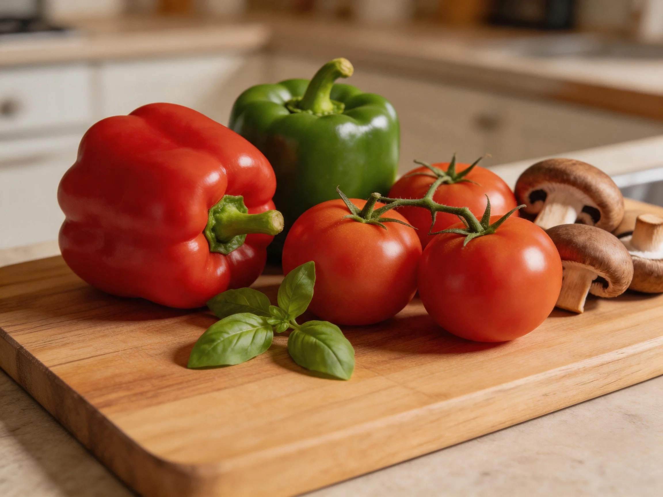 Fresh colorful vegetables including red and green peppers, tomatoes, mushrooms, and basil on a wooden