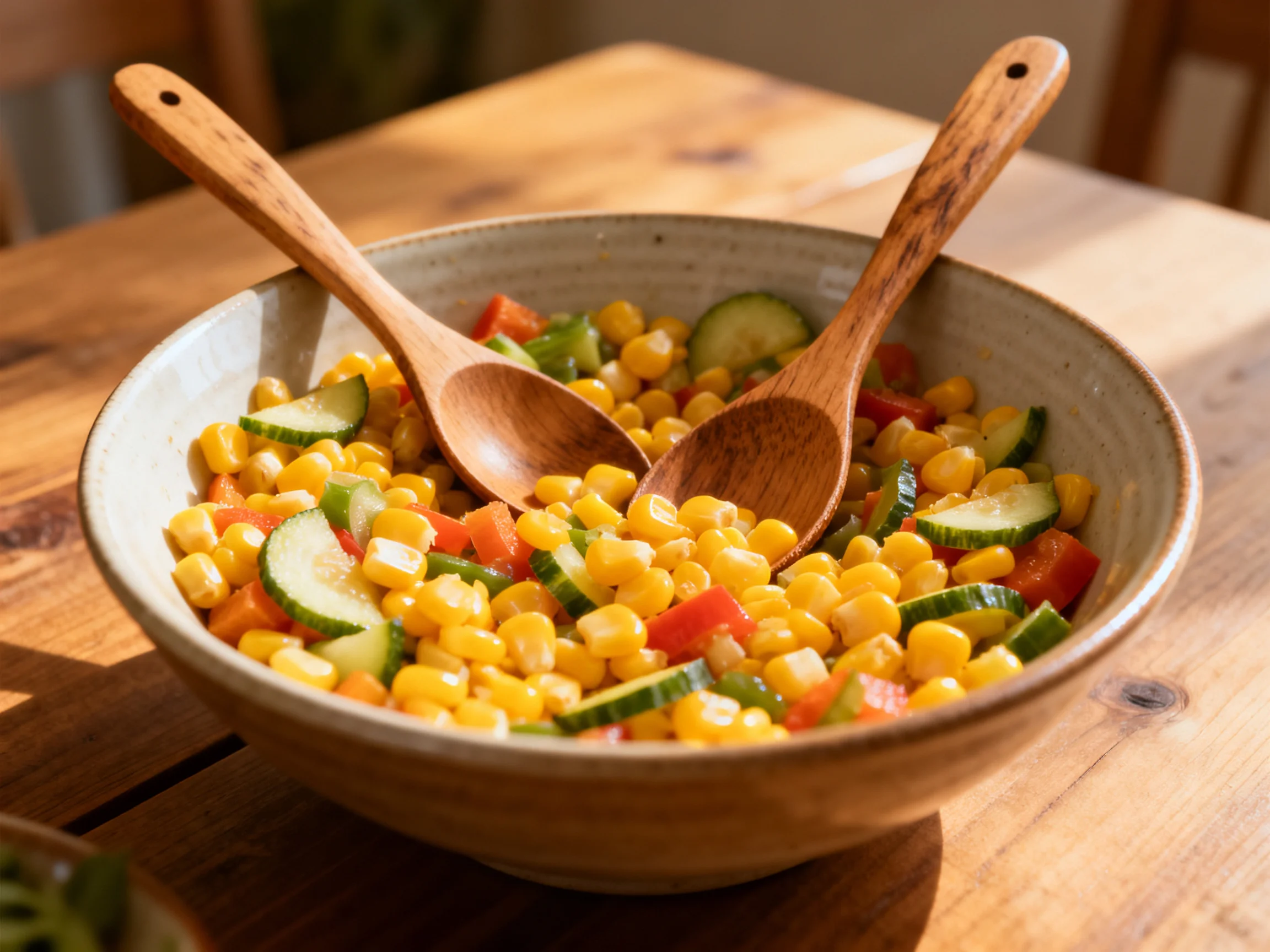 Fresh corn and vegetable salad in a ceramic bowl with two wooden serving utensils