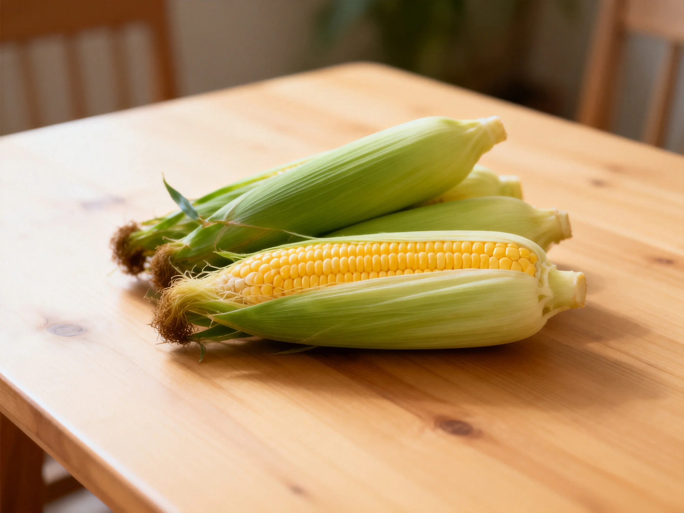 Fresh corn cobs with green husks on a wooden table
