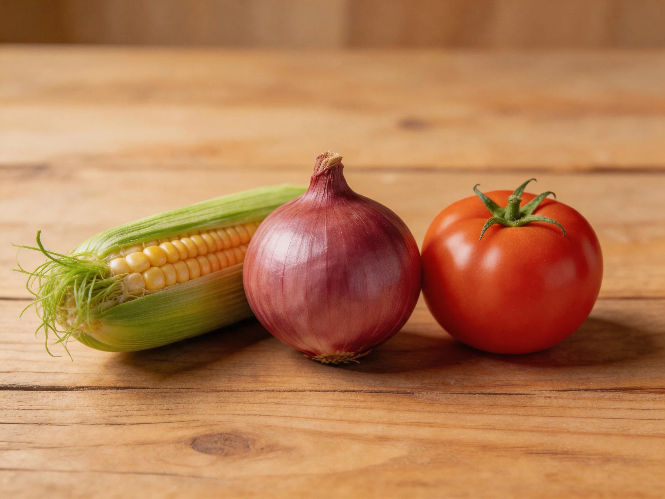 Fresh corn, purple onion, and red tomato arranged on a wooden table