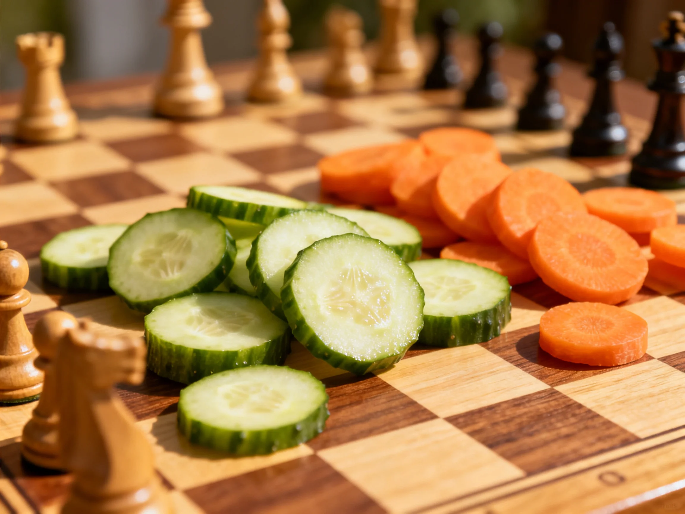 Fresh cucumber and carrot slices arranged on a wooden chessboard with chess pieces