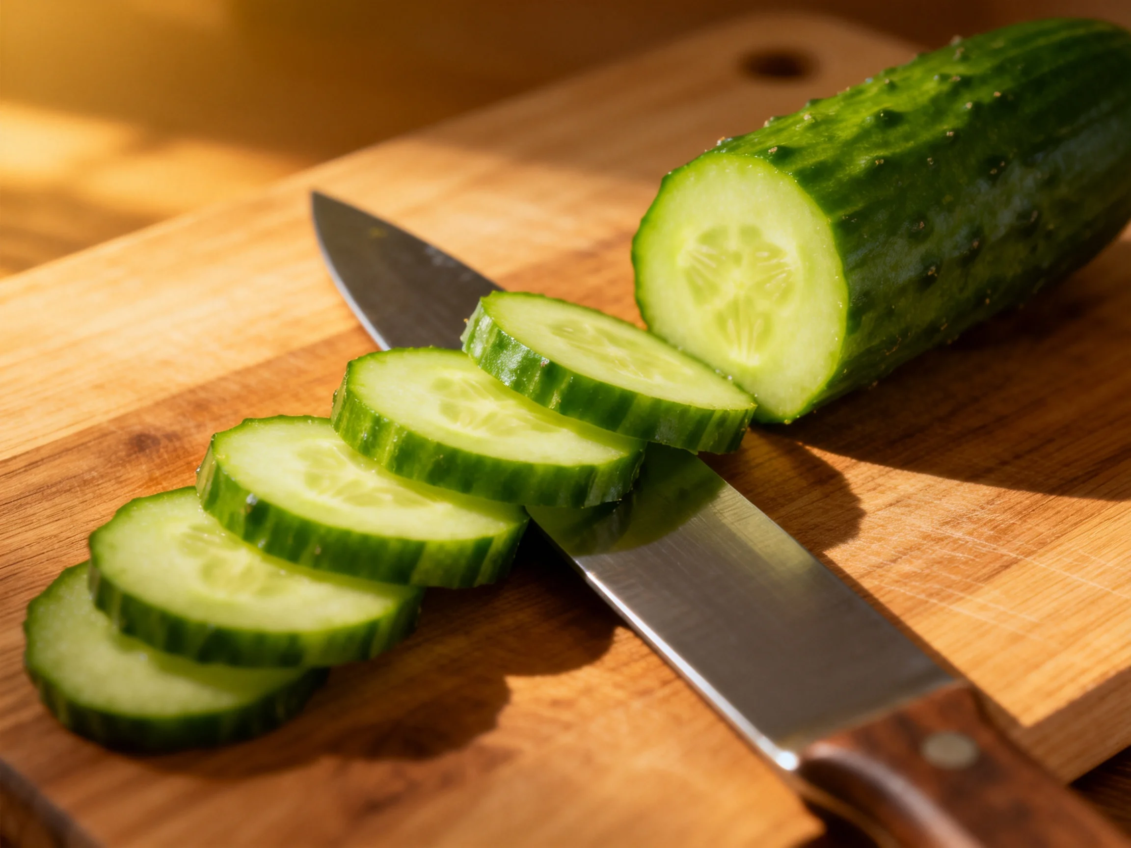 Fresh cucumber slices and a sharp knife on a wooden cutting board