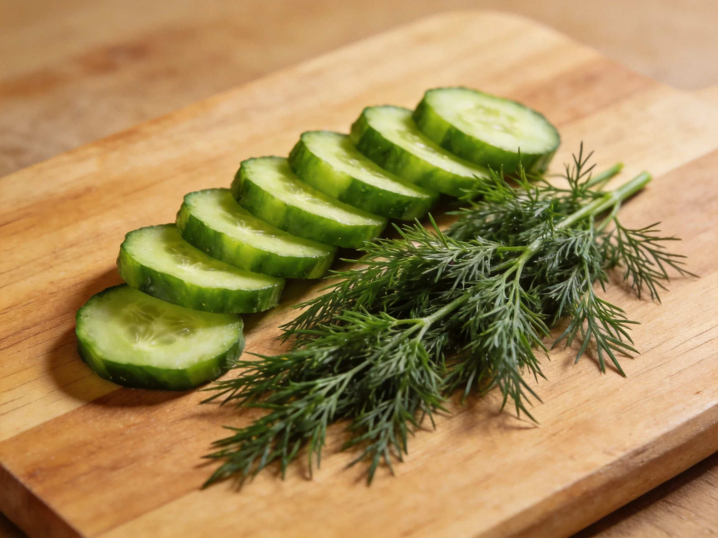 Fresh cucumber slices and dill arranged on a wooden cutting board
