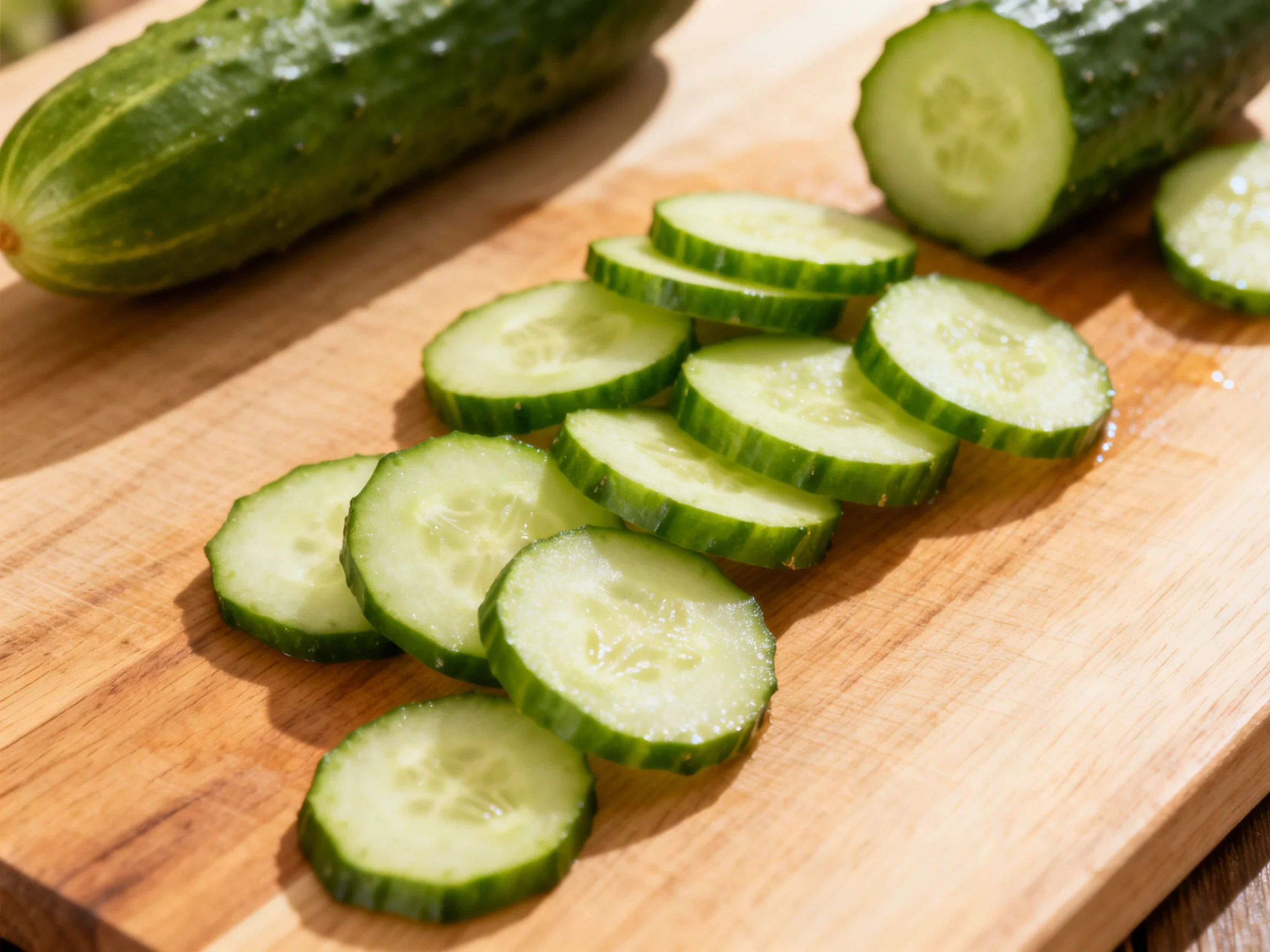 Fresh cucumber slices and whole cucumbers arranged on a wooden cutting board