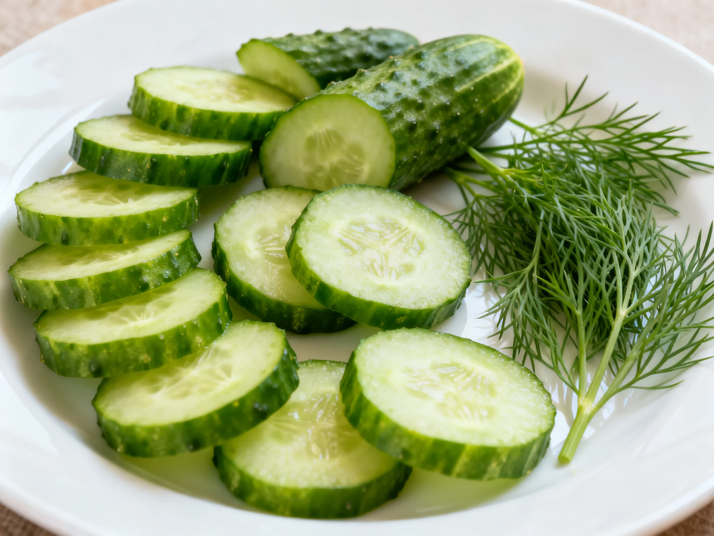 Fresh cucumber slices and whole cucumbers with dill on a white plate