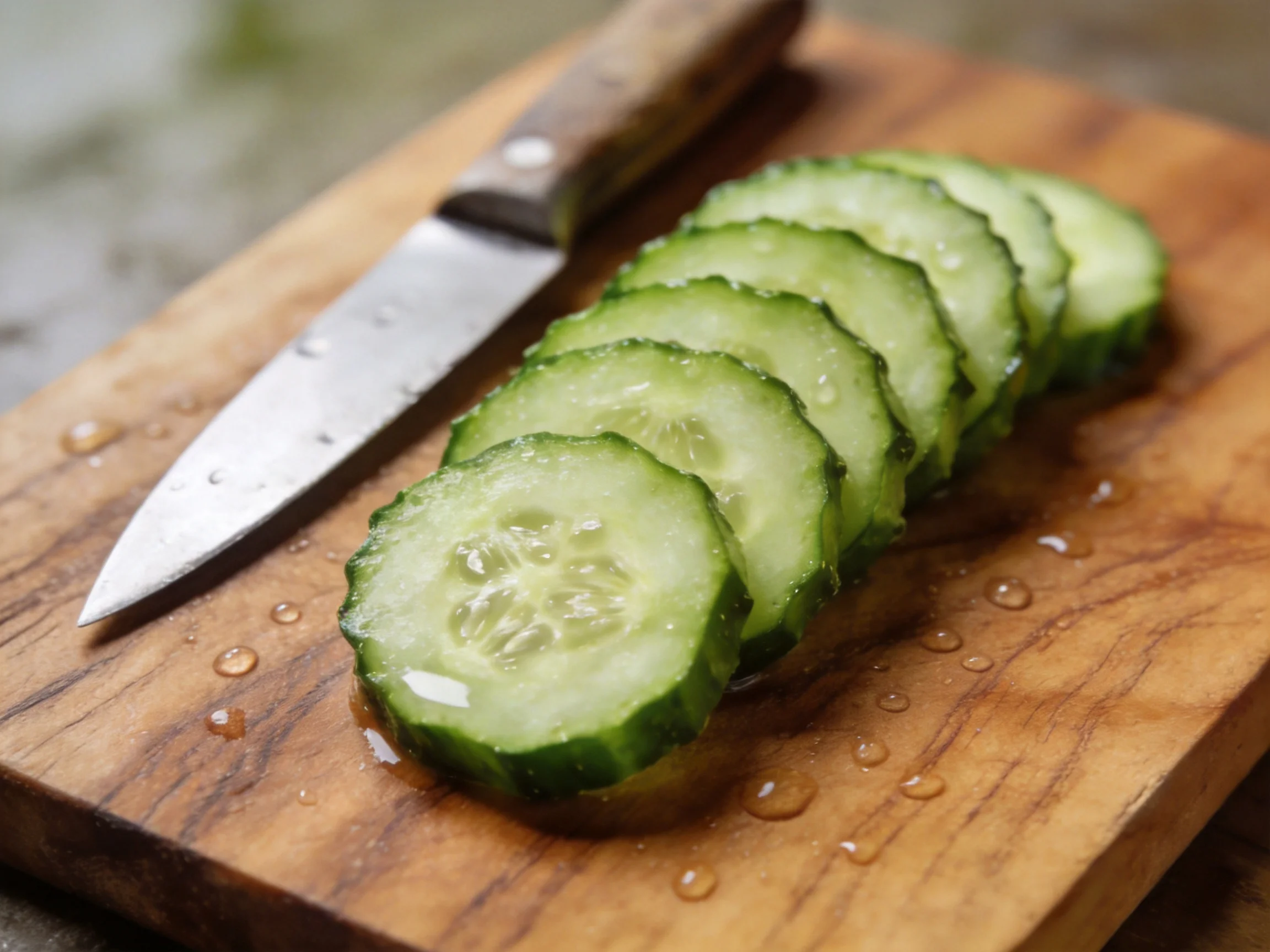 Fresh cucumber slices arranged on a wooden cutting board near a kitchen knife