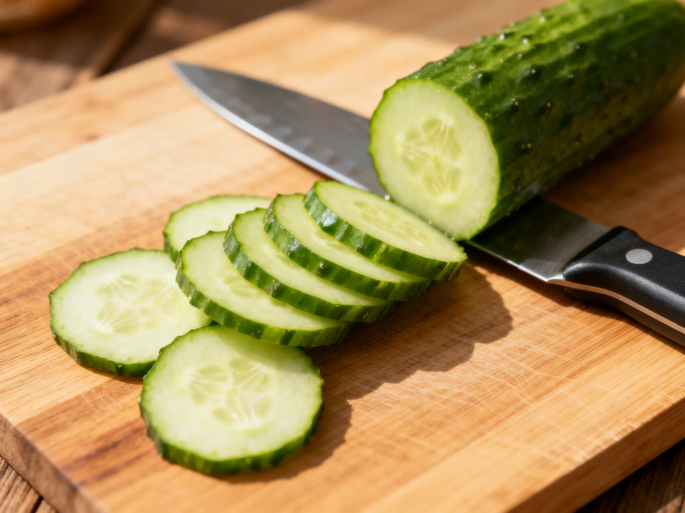 Fresh cucumber slices arranged on a wooden cutting board with a chefs knife