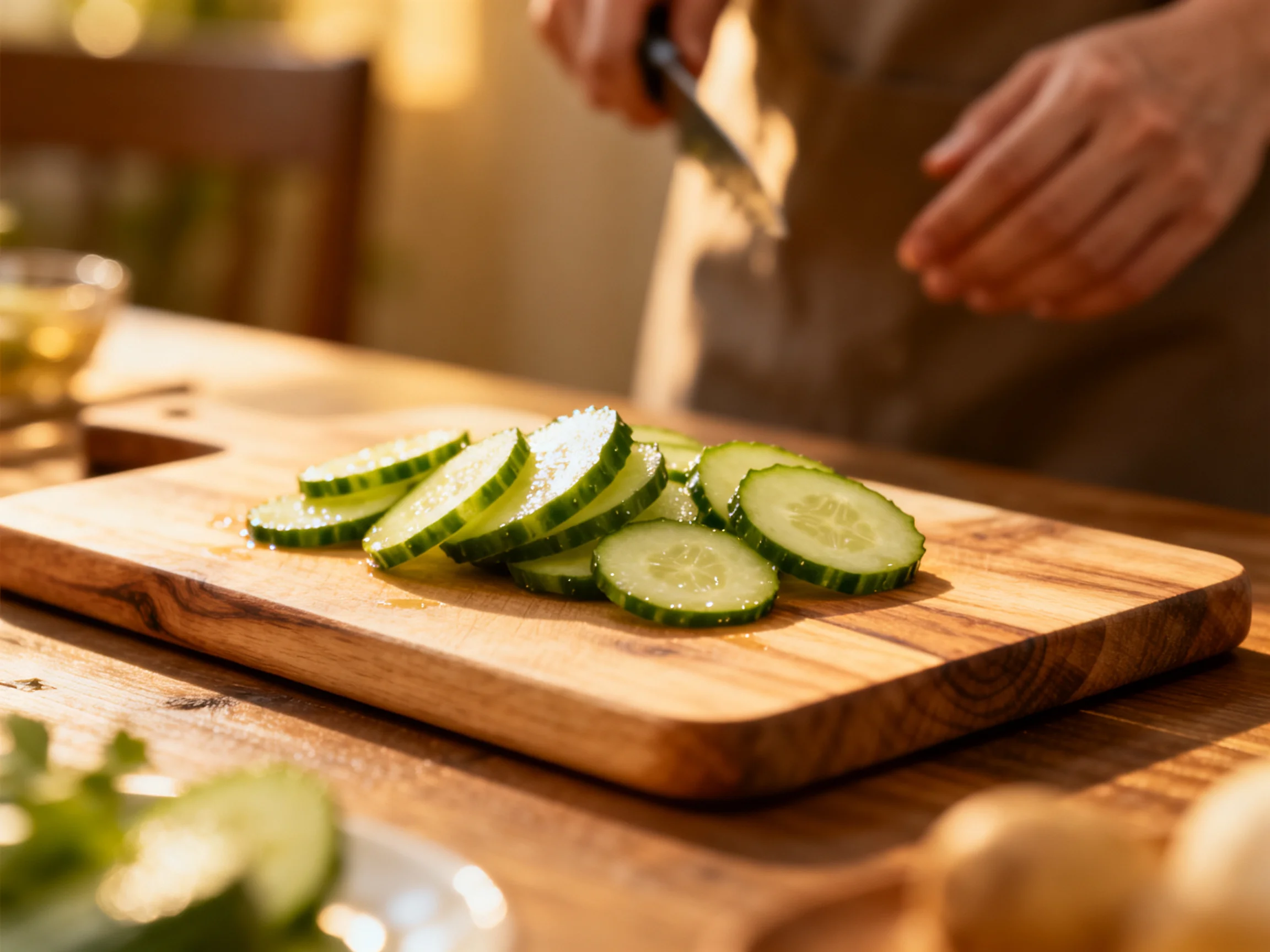 Fresh cucumber slices being prepared on a wooden cutting board outdoors