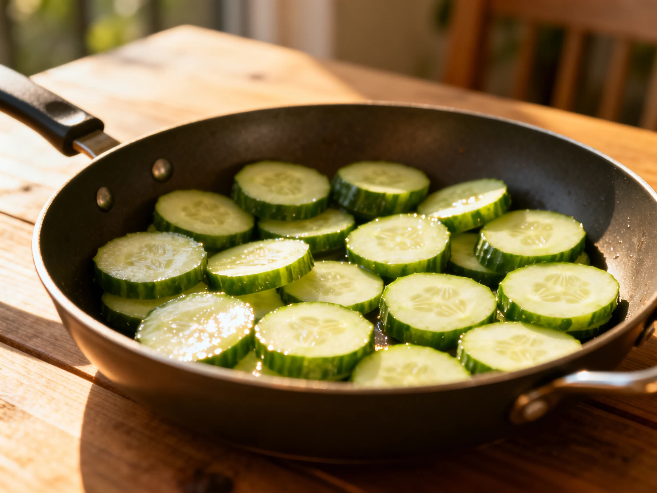 Fresh cucumber slices cooking in a black frying pan on a wooden outdoor table