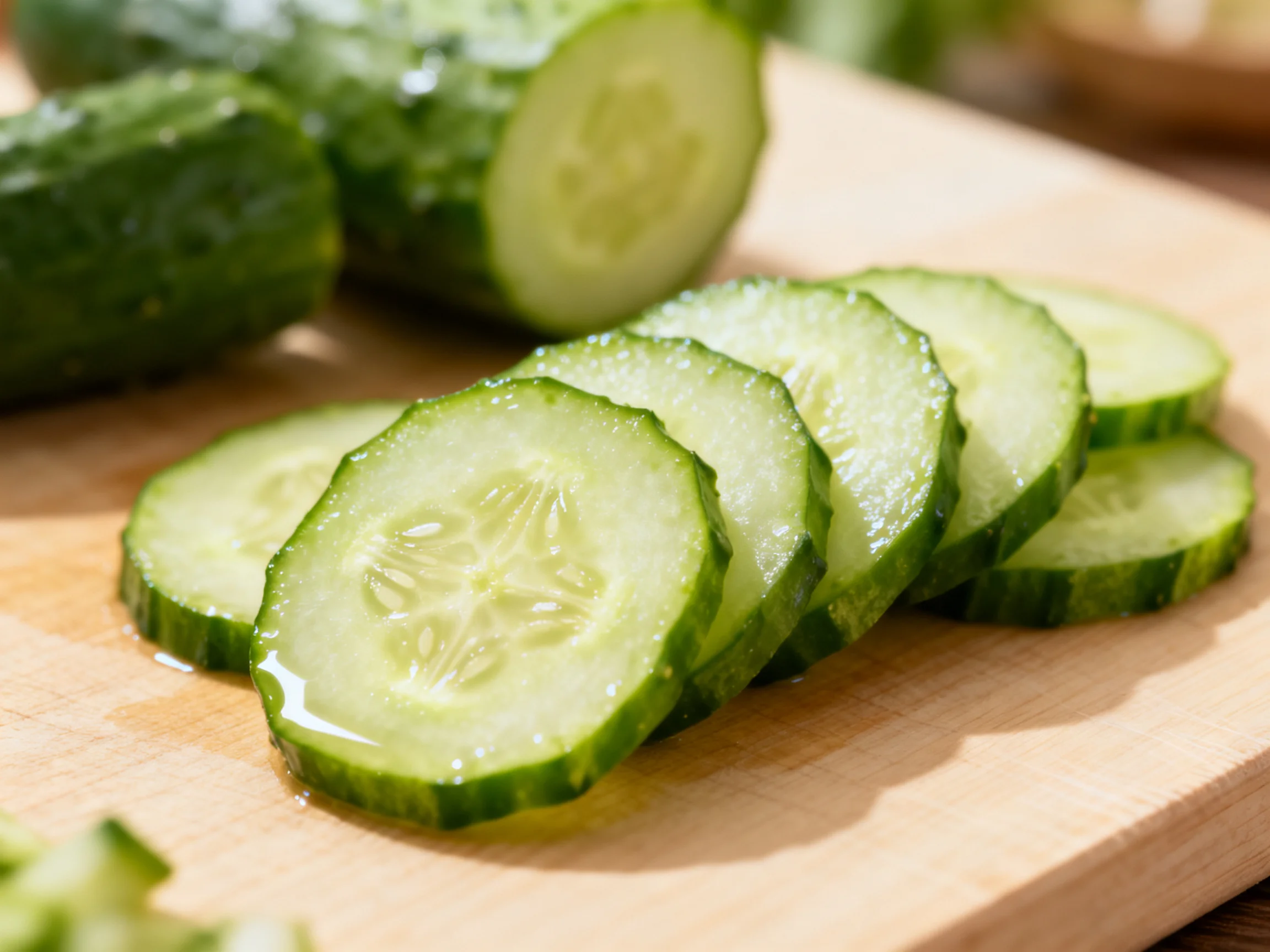 Fresh cucumber slices displayed on a light wooden cutting board