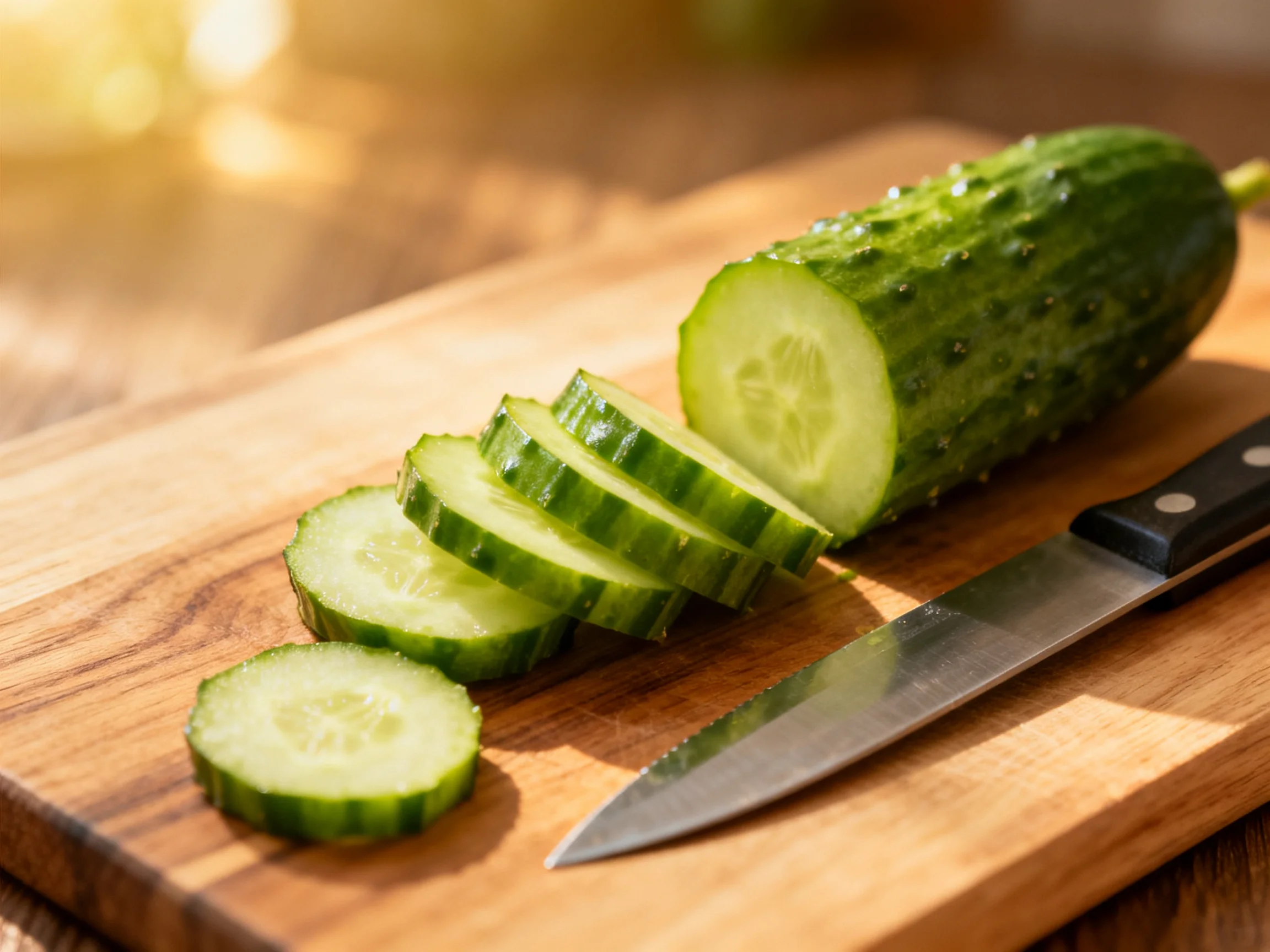 Fresh cucumber slices displayed on a wooden cutting board beside a kitchen knife