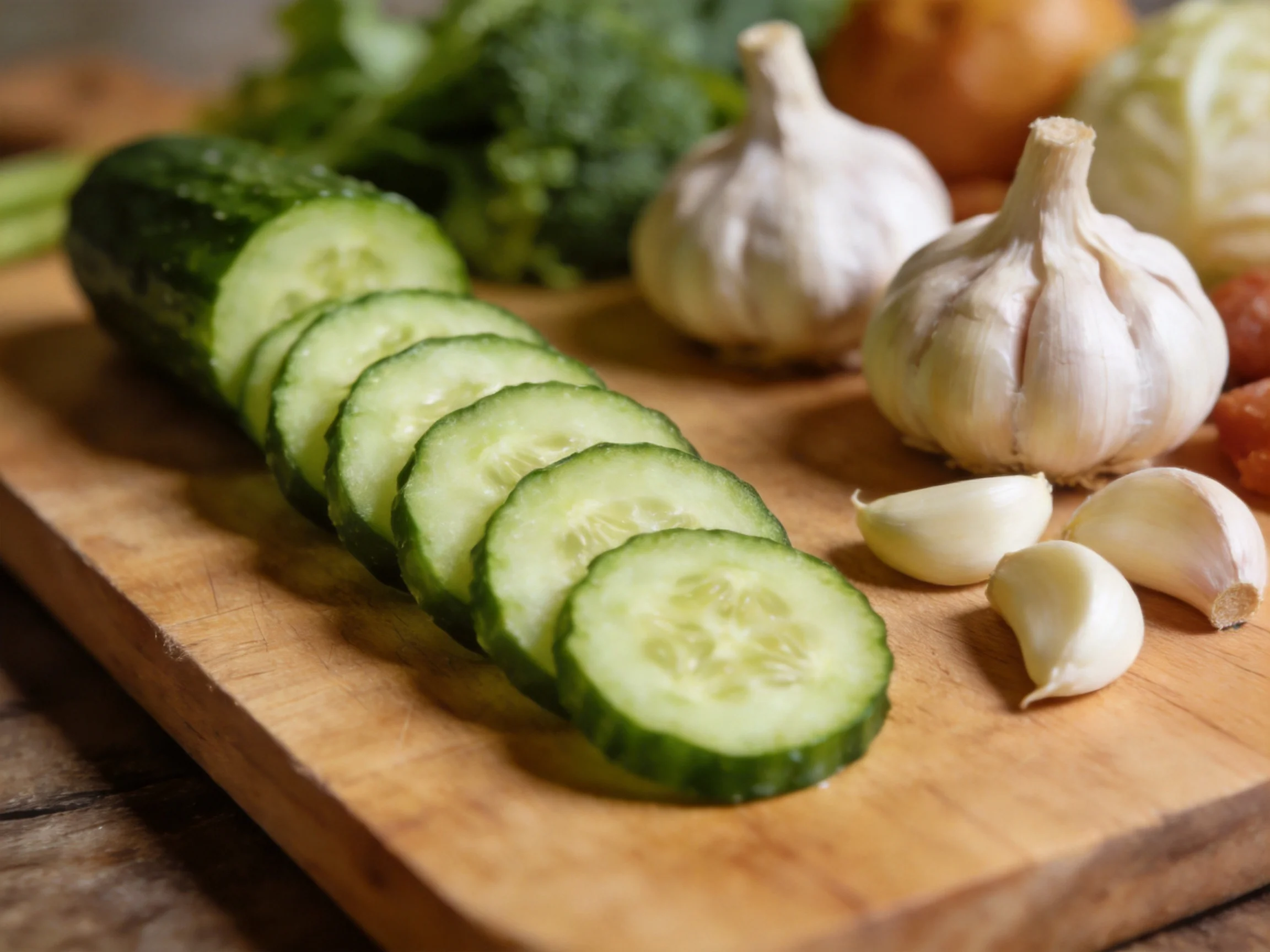 Fresh cucumber slices, garlic, and vegetables on a wooden cutting board