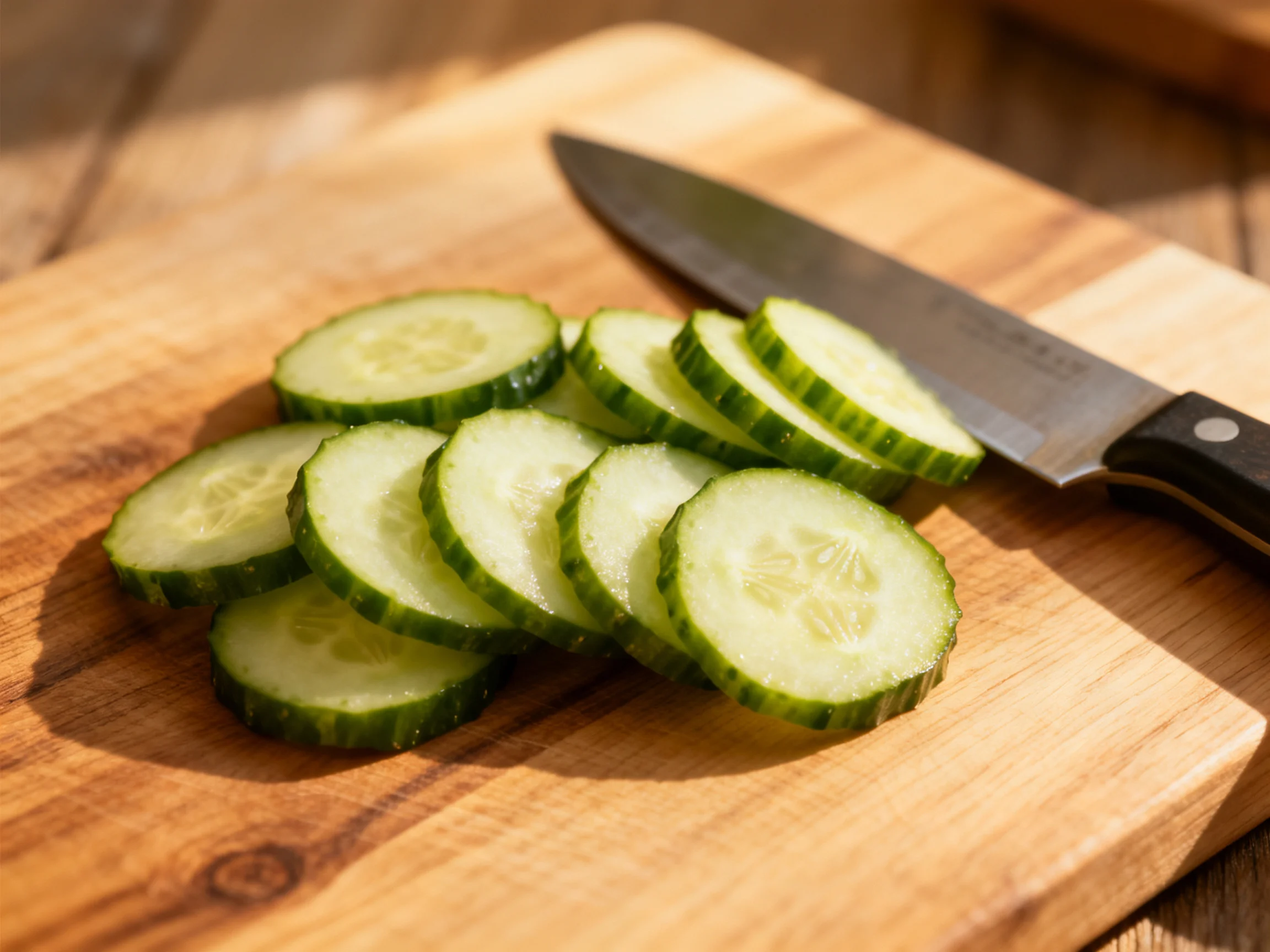 Fresh cucumber slices on a wooden cutting board with a knife
