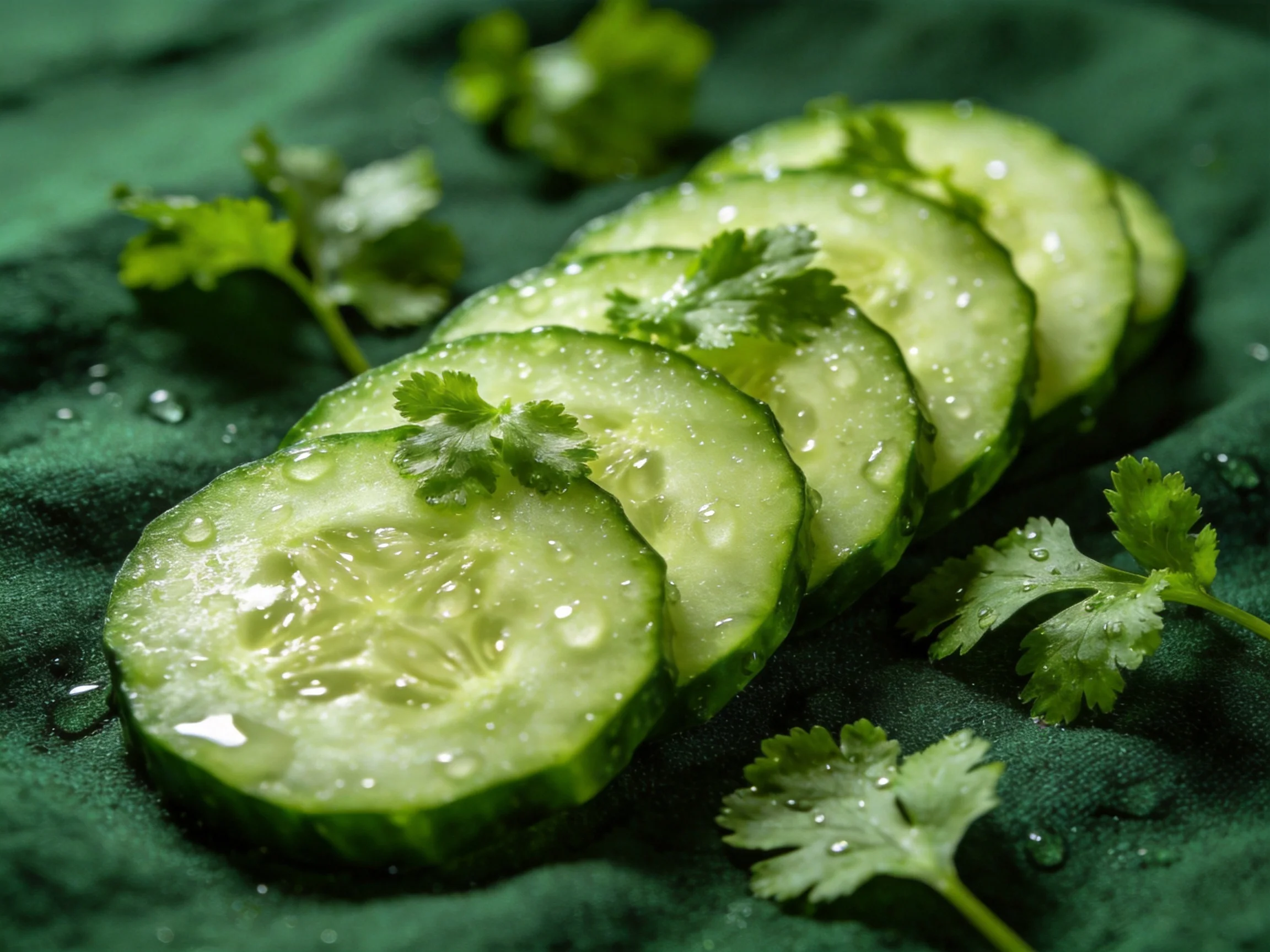 Fresh cucumber slices with cilantro garnish on dark green cloth