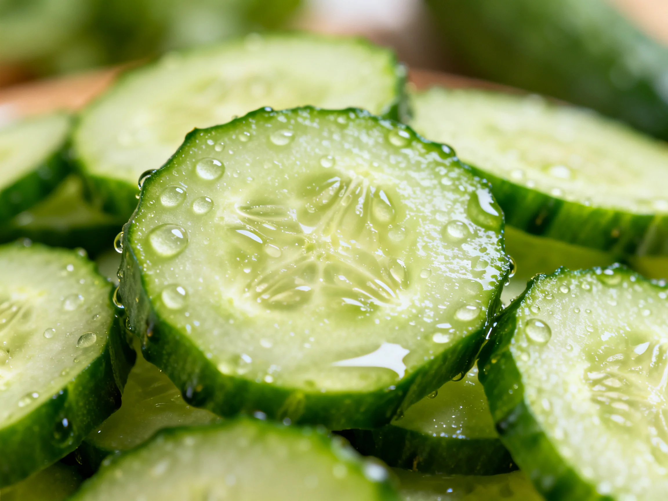 Fresh cucumber slices with water droplets in close-up