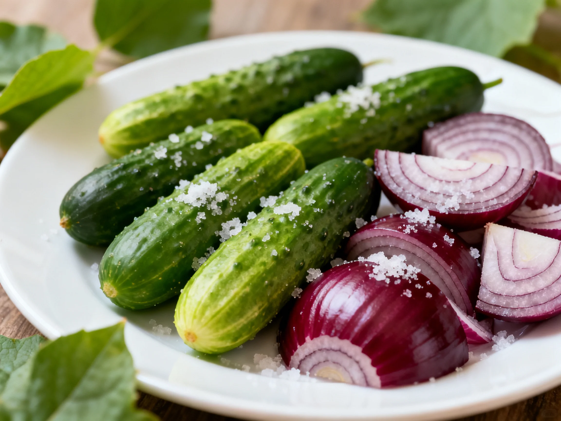 Fresh cucumbers and red onion slices sprinkled with salt on a white plate