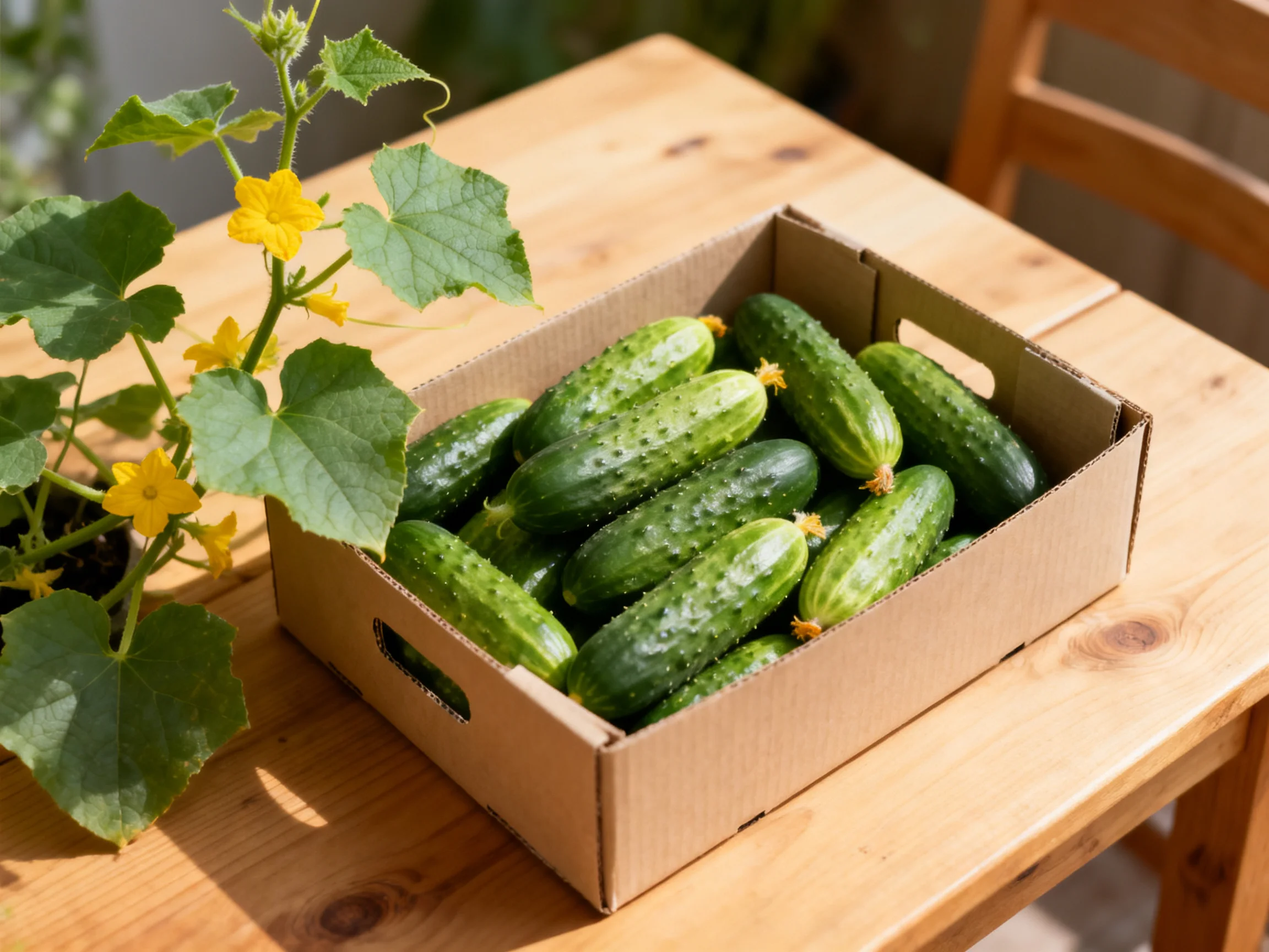 Fresh cucumbers in a cardboard box beside a flowering cucumber plant on a wooden table