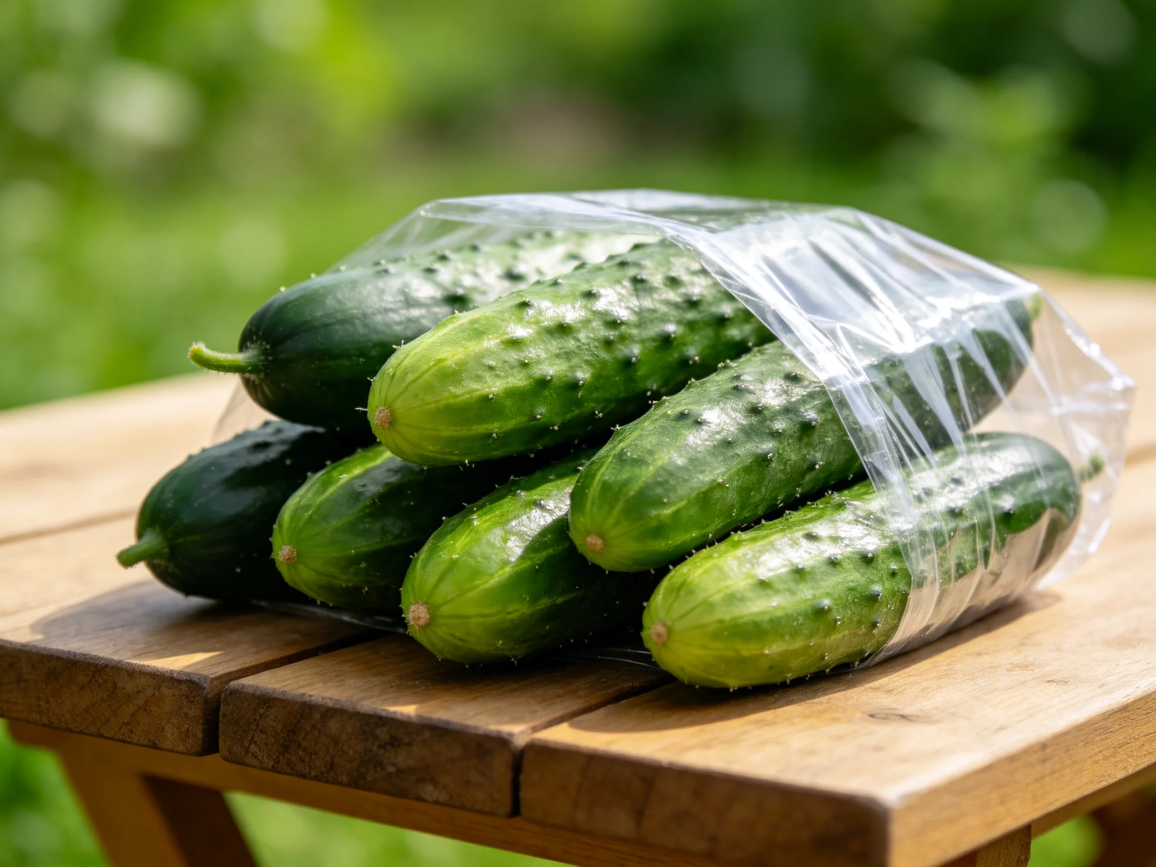 Fresh cucumbers in clear plastic bag on wooden table outdoors
