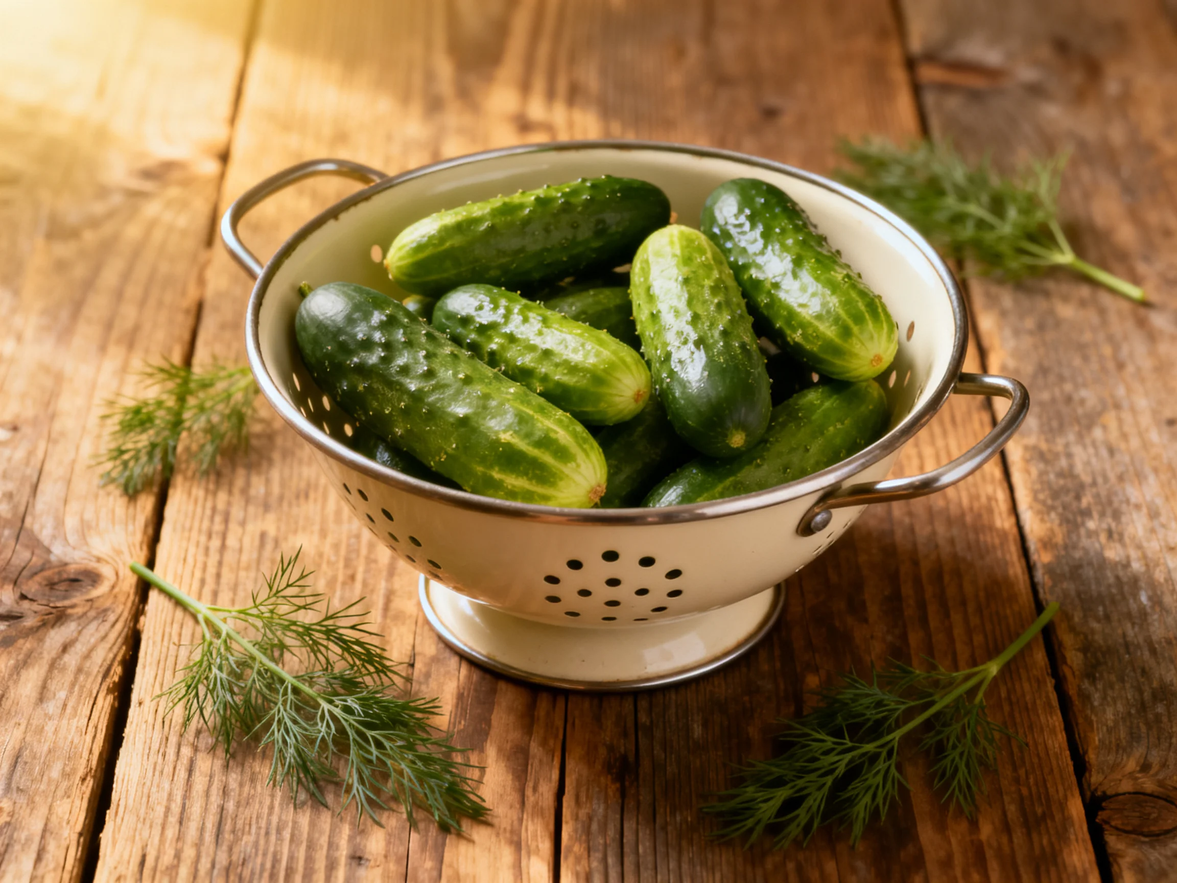 Fresh cucumbers in colander on rustic wooden table with dill sprigs