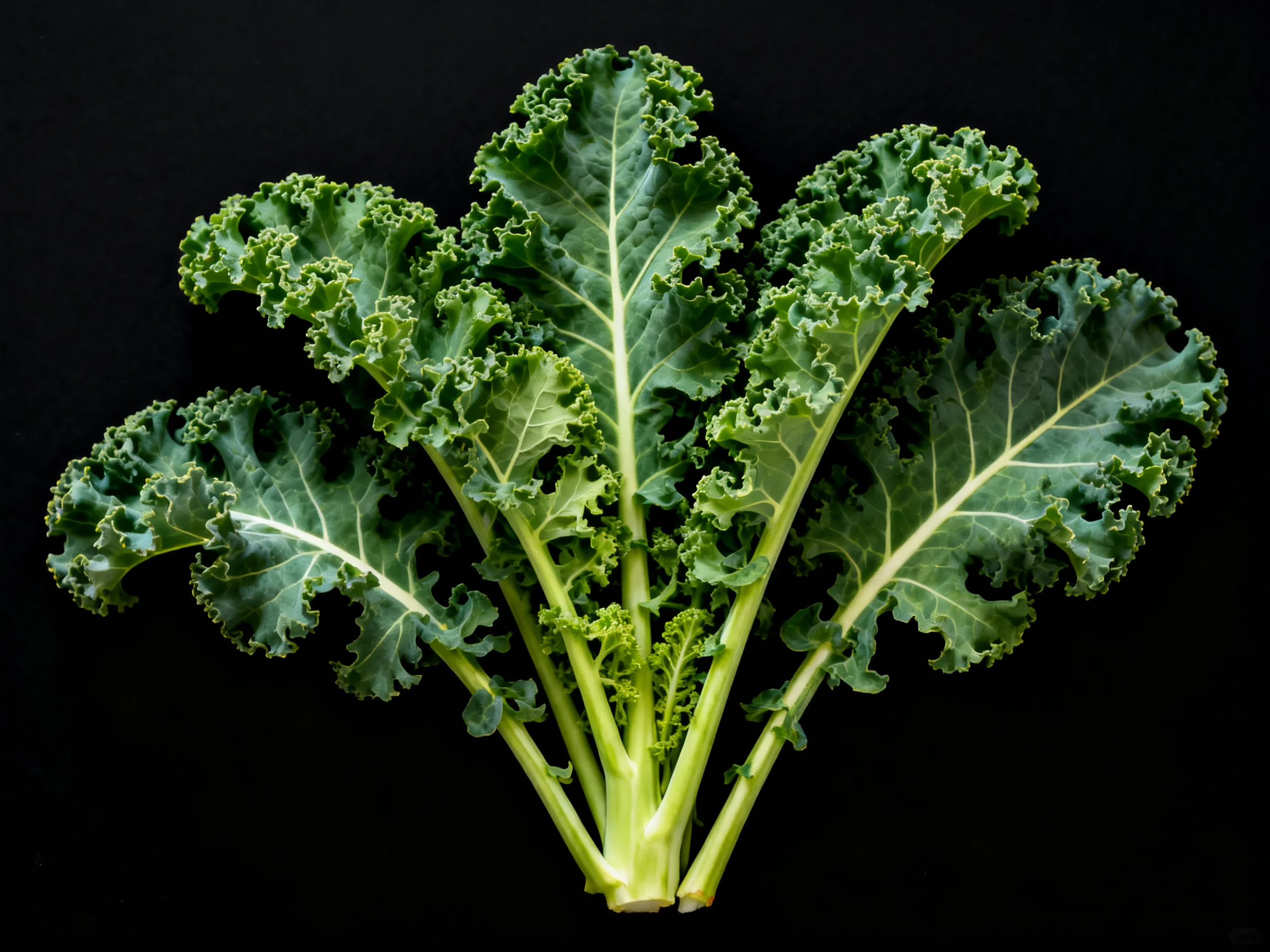 Fresh curly green kale arranged against a solid black background