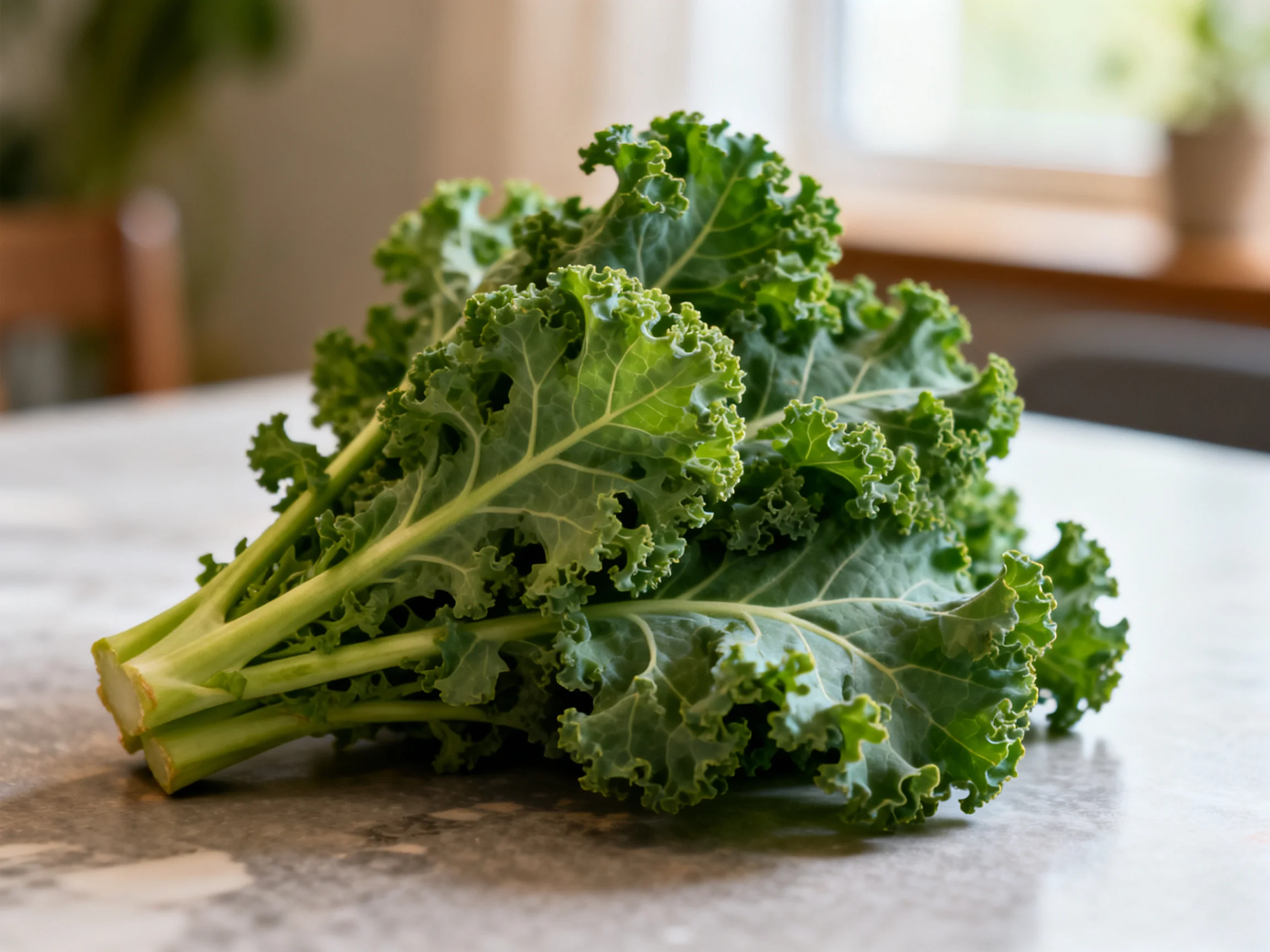 Fresh curly green kale bundle on a kitchen countertop