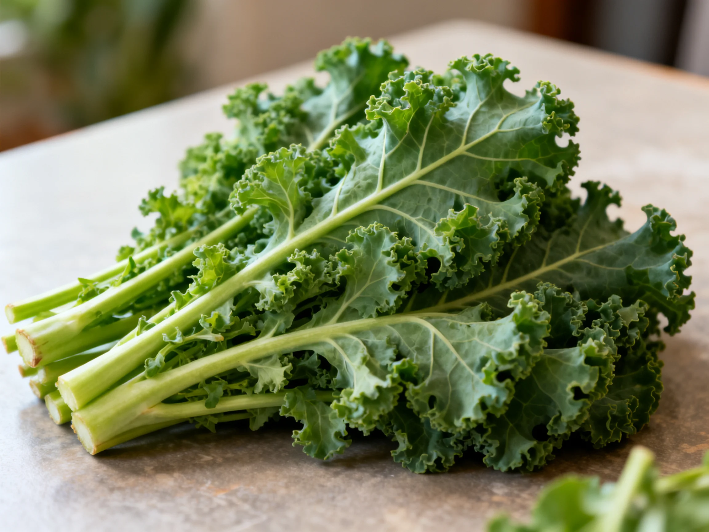 Fresh curly green kale bundled together on a smooth countertop