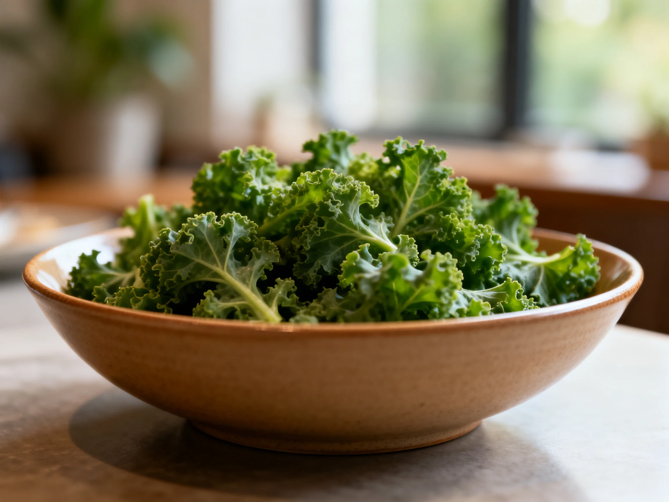 Fresh curly kale in a tan ceramic bowl on a kitchen counter