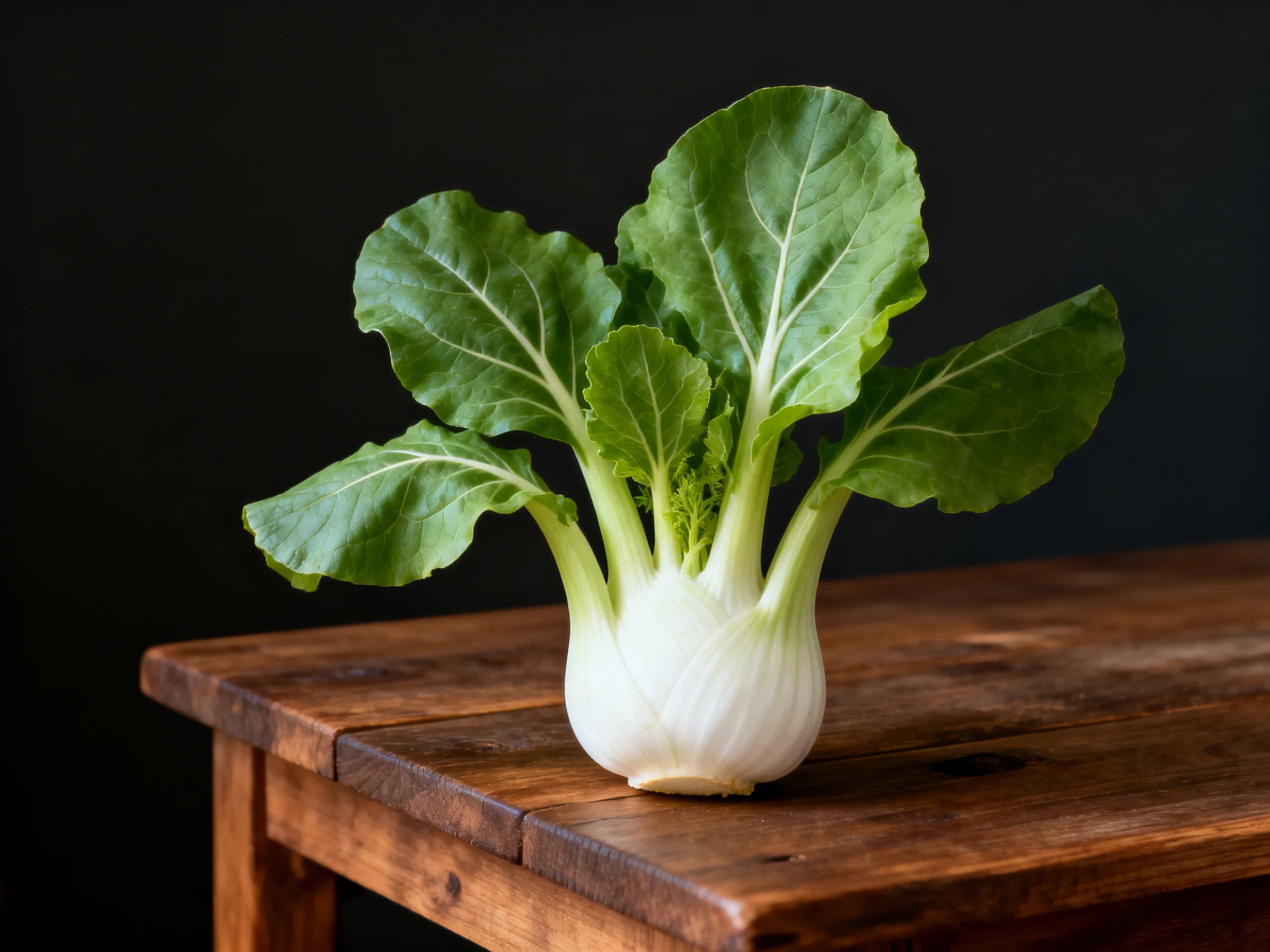 Fresh fennel bulb with broad green leaves on rustic wooden table
