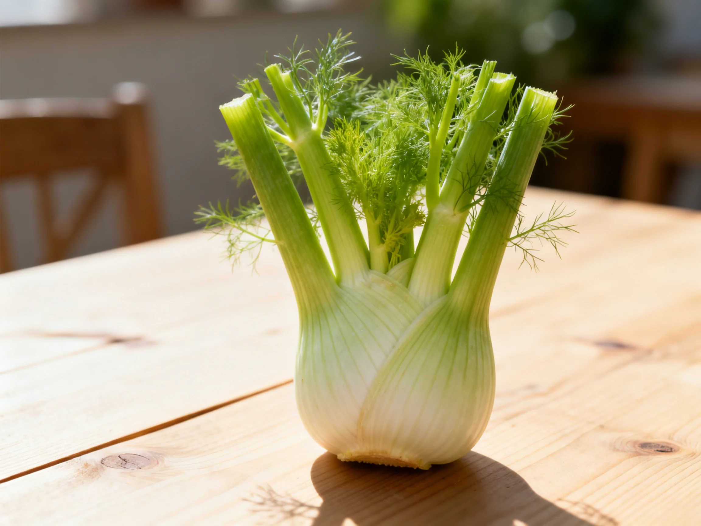 Fresh fennel bulb with vibrant green stalks on a light brown wooden table