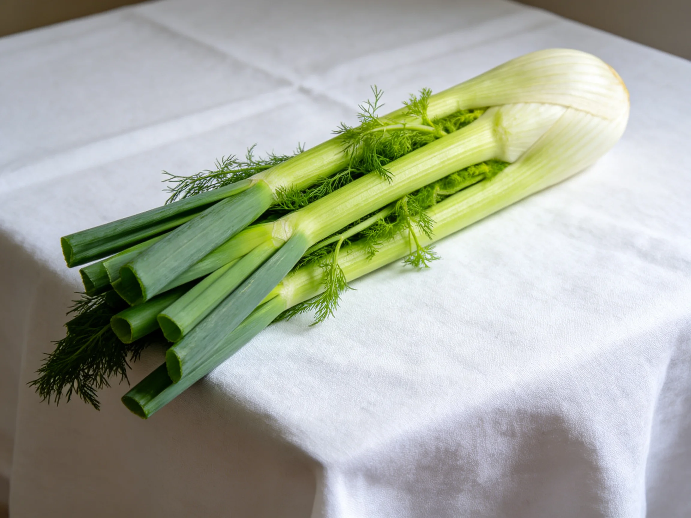 Fresh fennel bulbs with green stalks on a white tablecloth