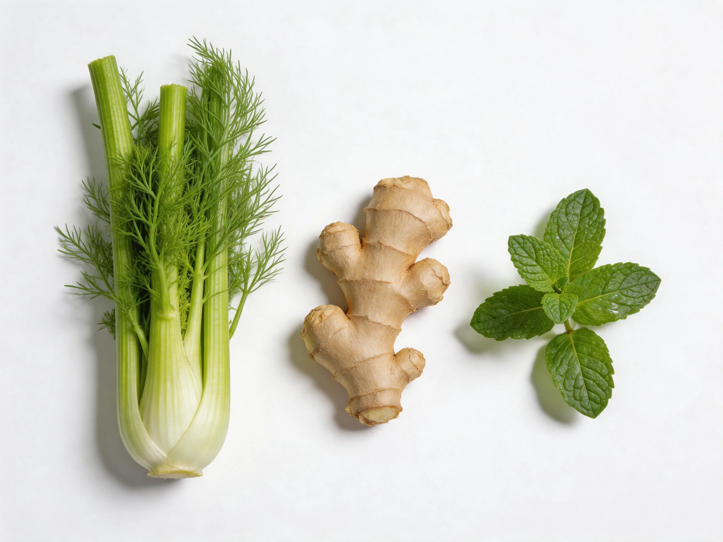 Fresh fennel, ginger root, and mint displayed on a white surface.