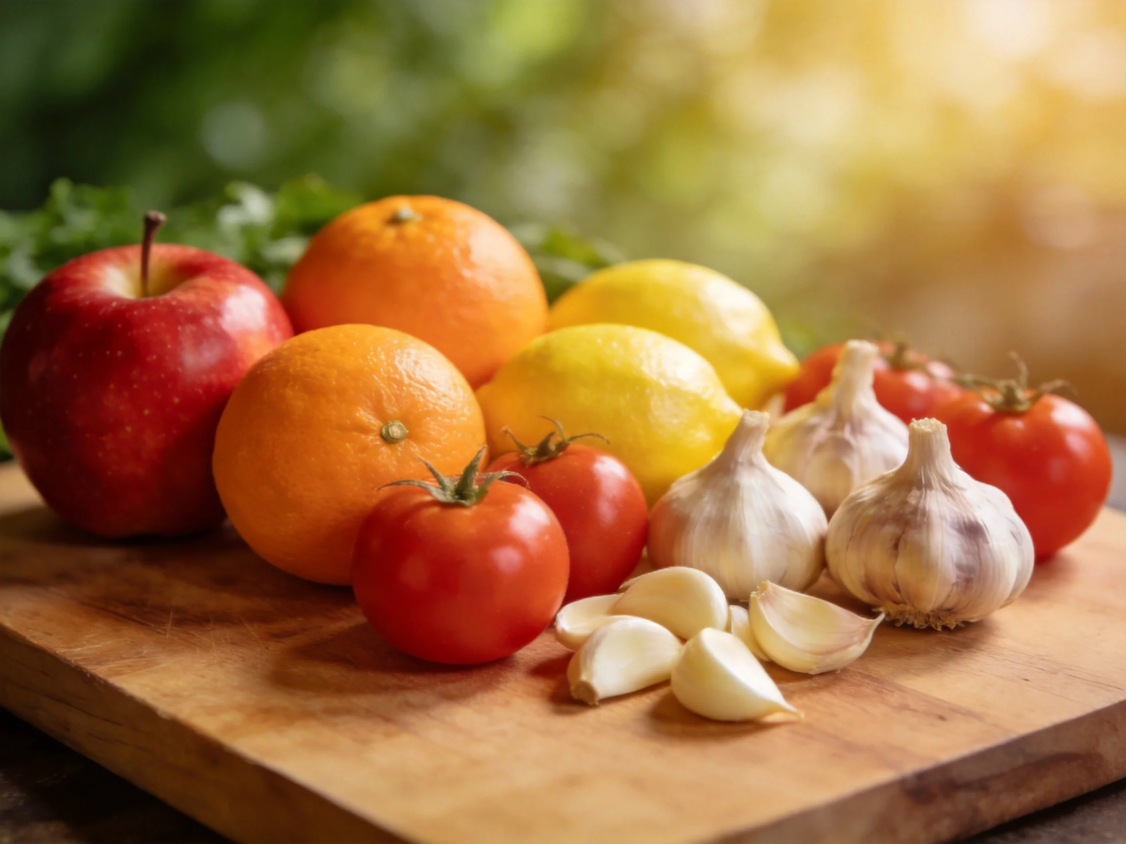 Fresh fruit and vegetable assortment: apple, oranges, lemons, tomatoes, garlic