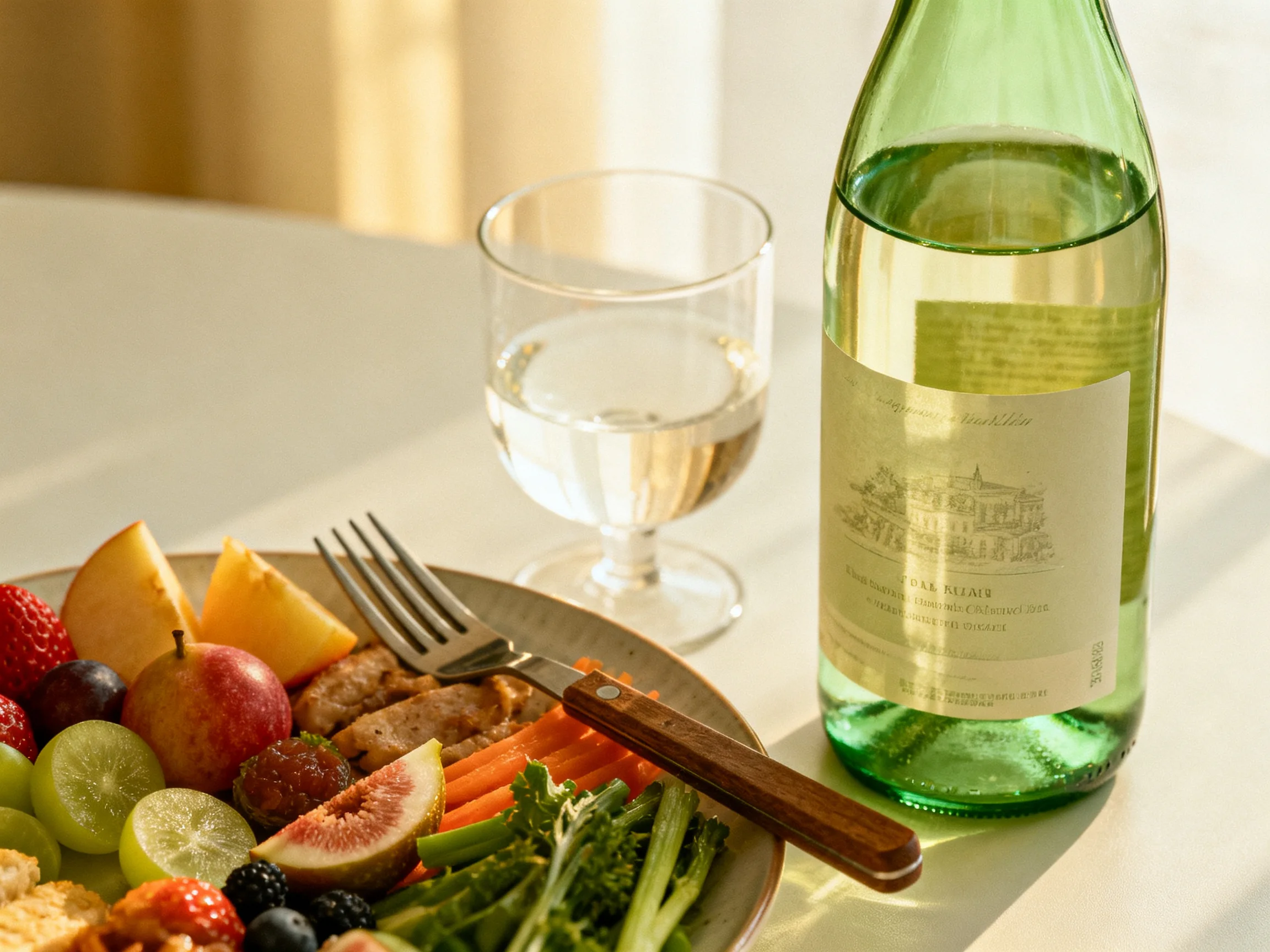Fresh fruit and vegetable platter with a green wine bottle and glass