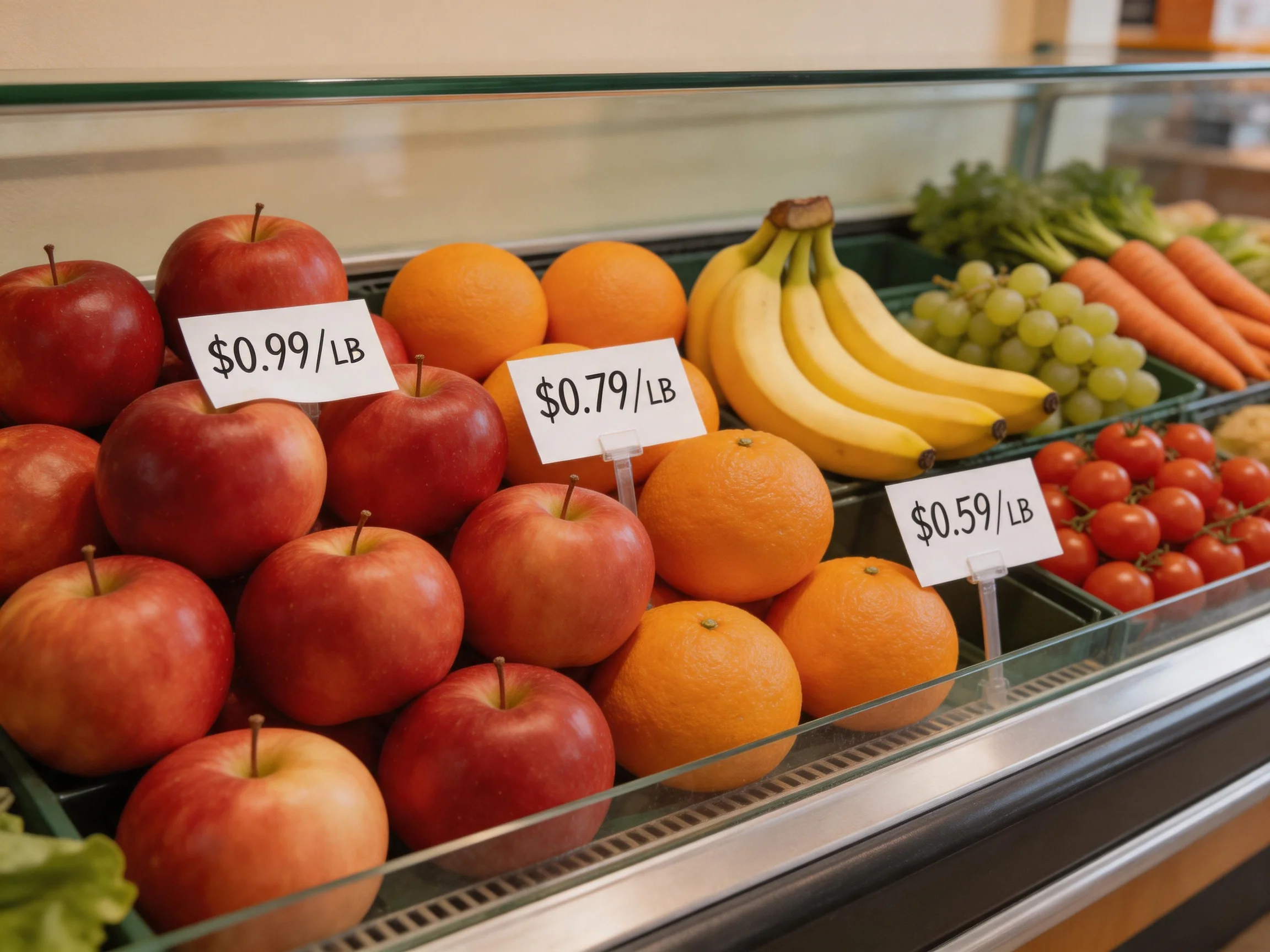 Fresh fruit and vegetable selection with pricing labels in a market display