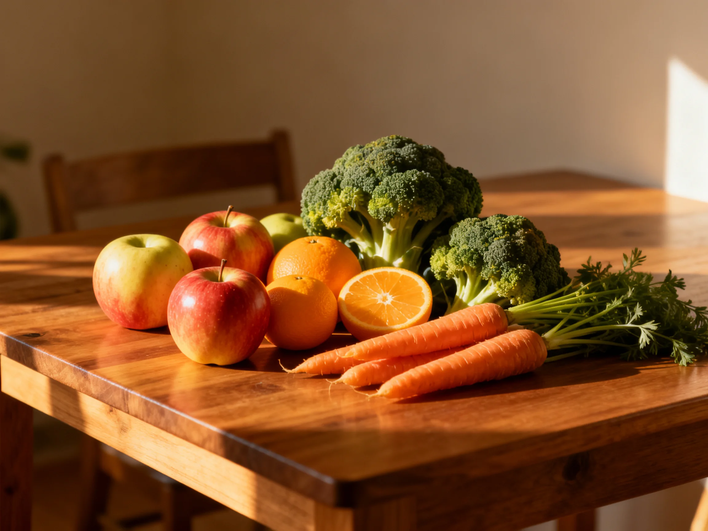 Fresh fruits and vegetables arranged on a wooden table with warm sunlight