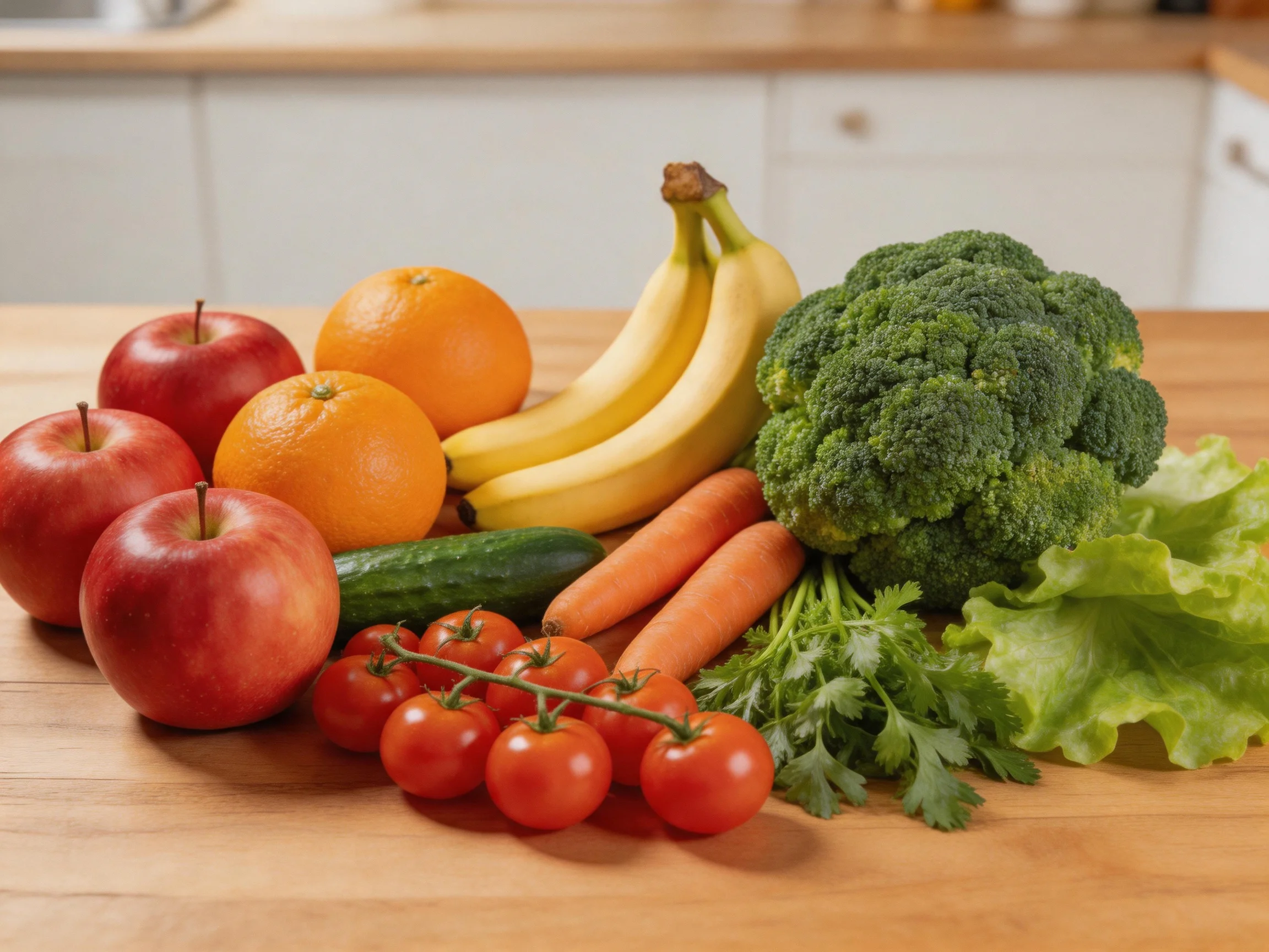 Fresh fruits and vegetables assorted with apples, oranges, bananas, broccoli, and leafy greens