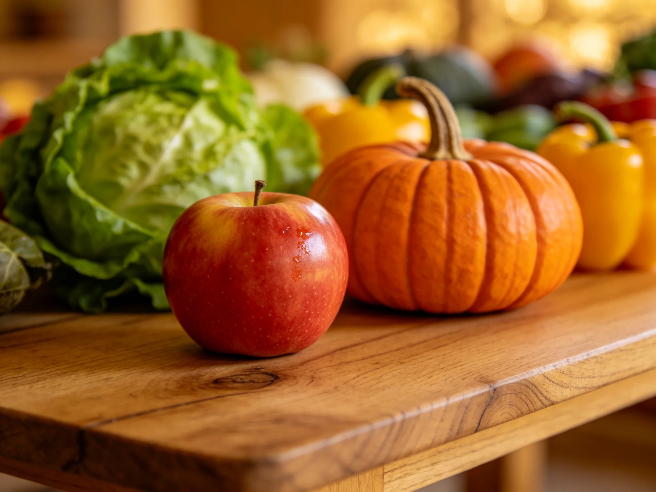 Fresh fruits and vegetables including an apple, pumpkin, lettuce, and yellow peppers on a wooden tabl