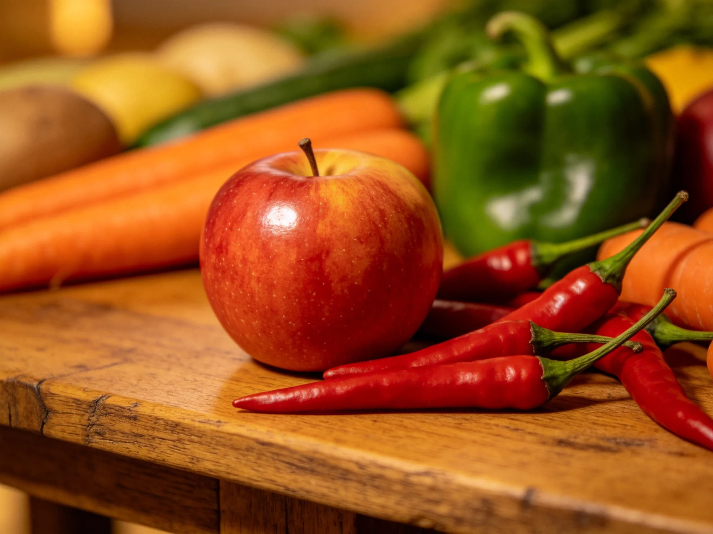 Fresh fruits and vegetables on a wooden surface