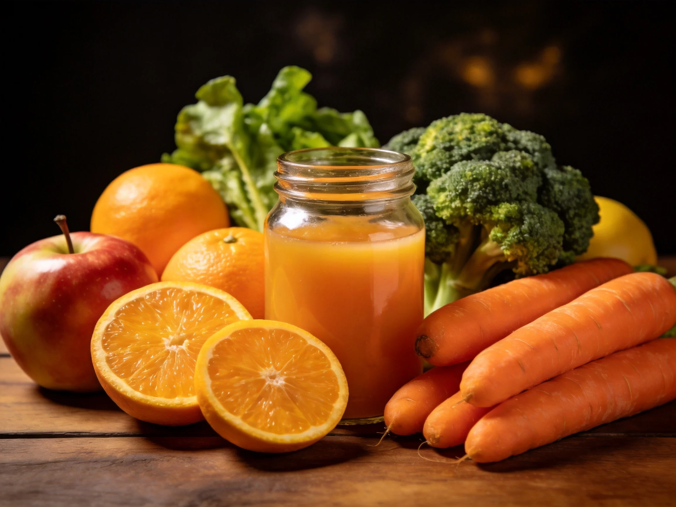 Fresh fruits and vegetables surround a glass jar of orange juice