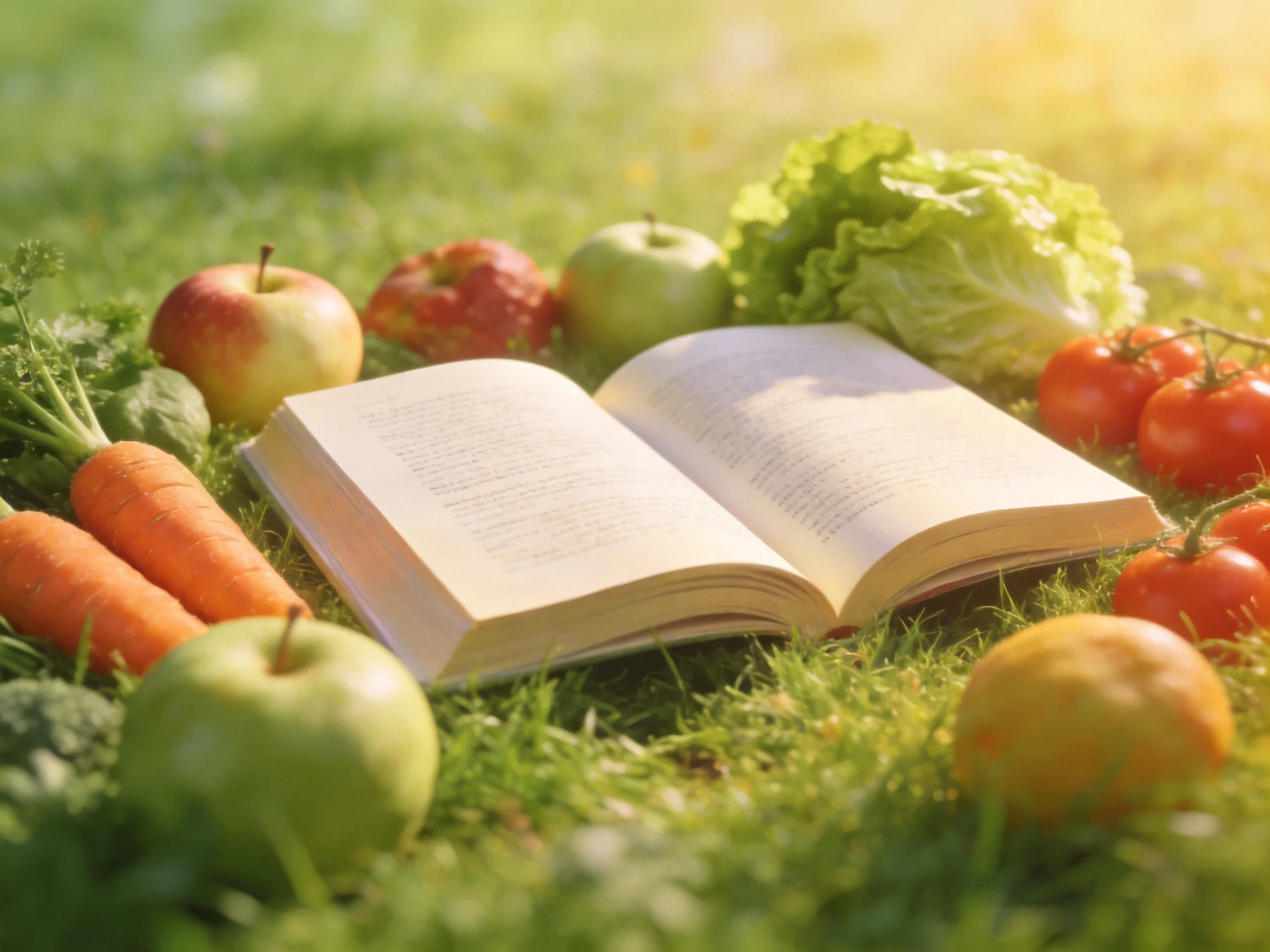 Fresh fruits and vegetables surround an open book on green grass