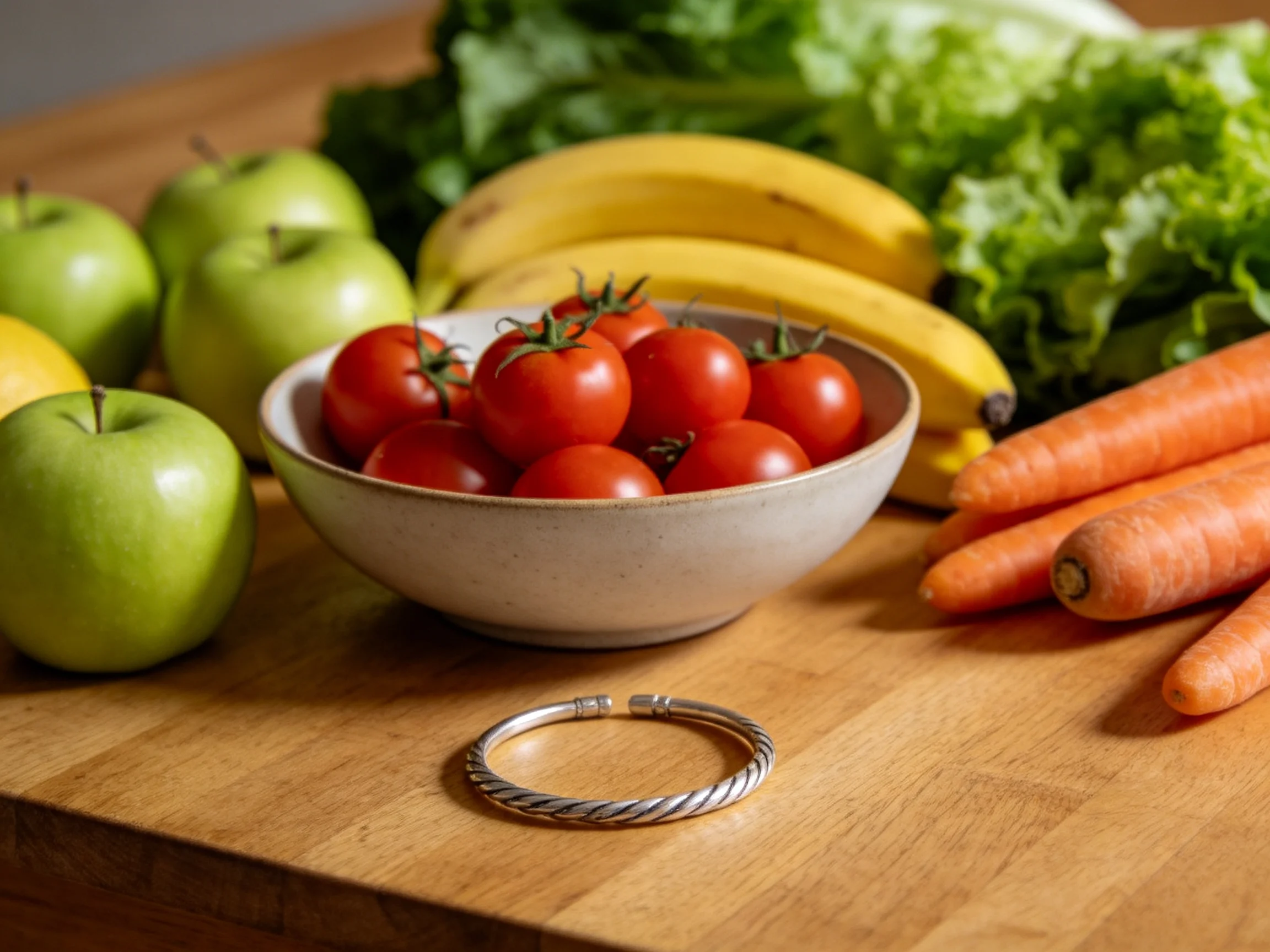 Fresh fruits and vegetables with a silver bracelet on a wooden surface