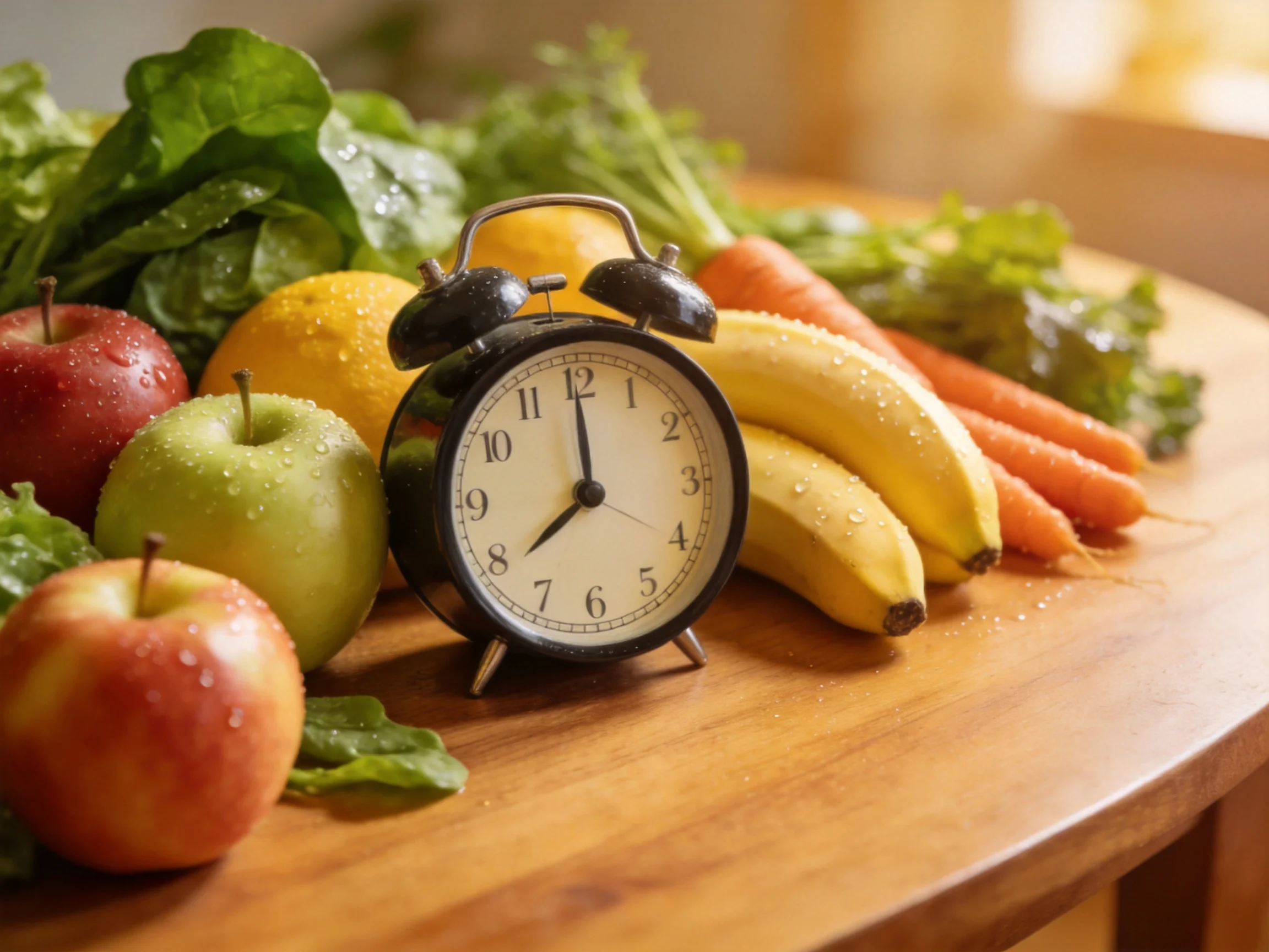 Fresh fruits and vegetables with an alarm clock on a wooden surface