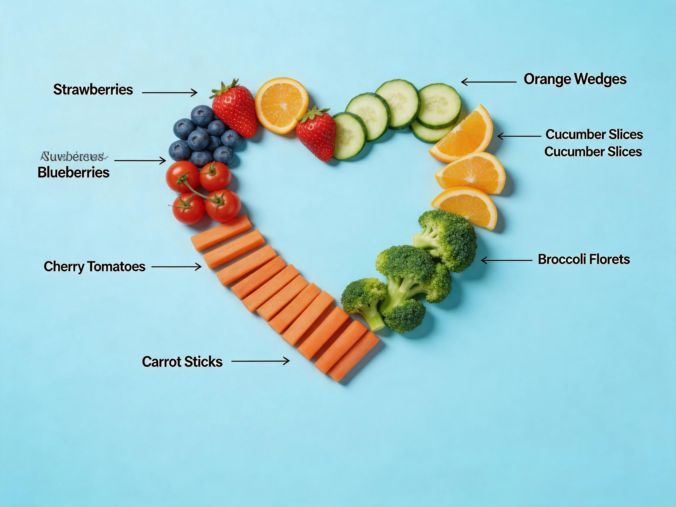 Fresh fruits, vegetables, and citrus arranged into a heart shape on a blue backdrop