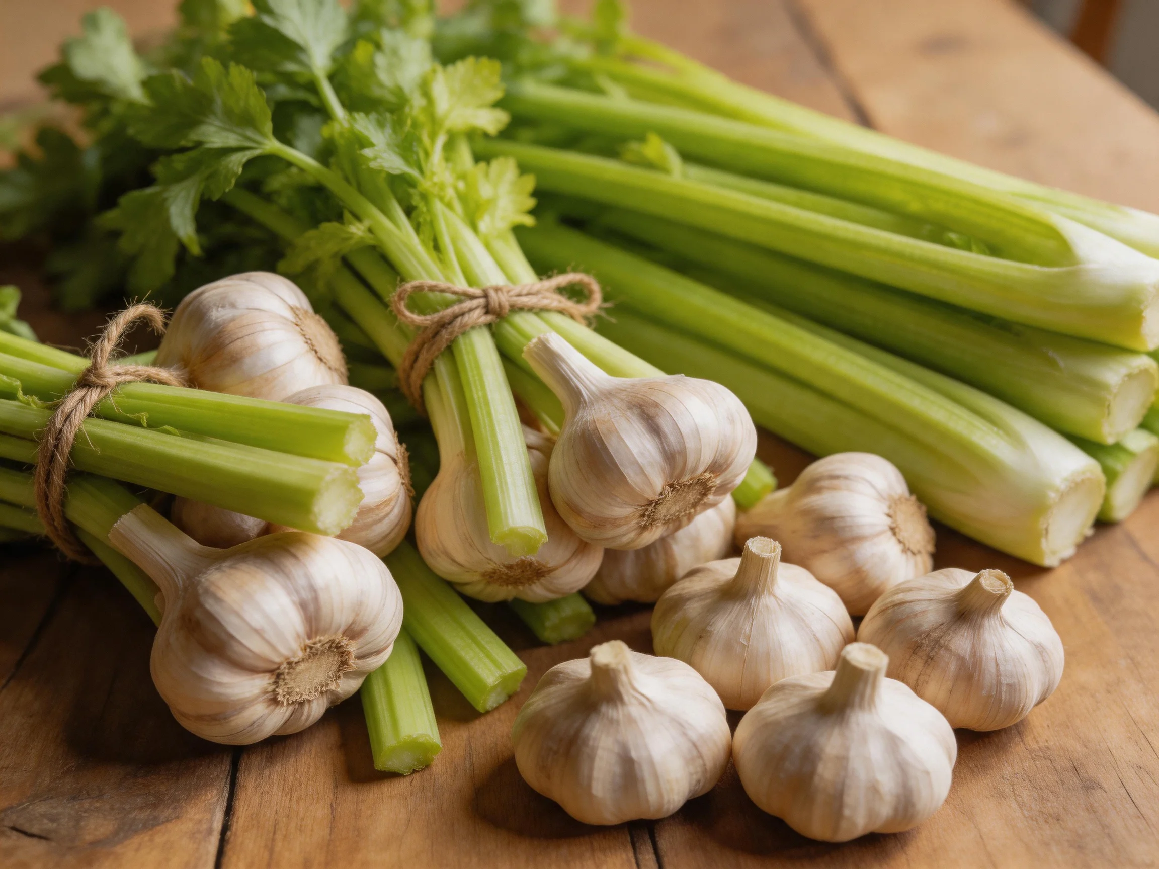 Fresh garlic bulbs and celery stalks arranged on a rustic wooden table