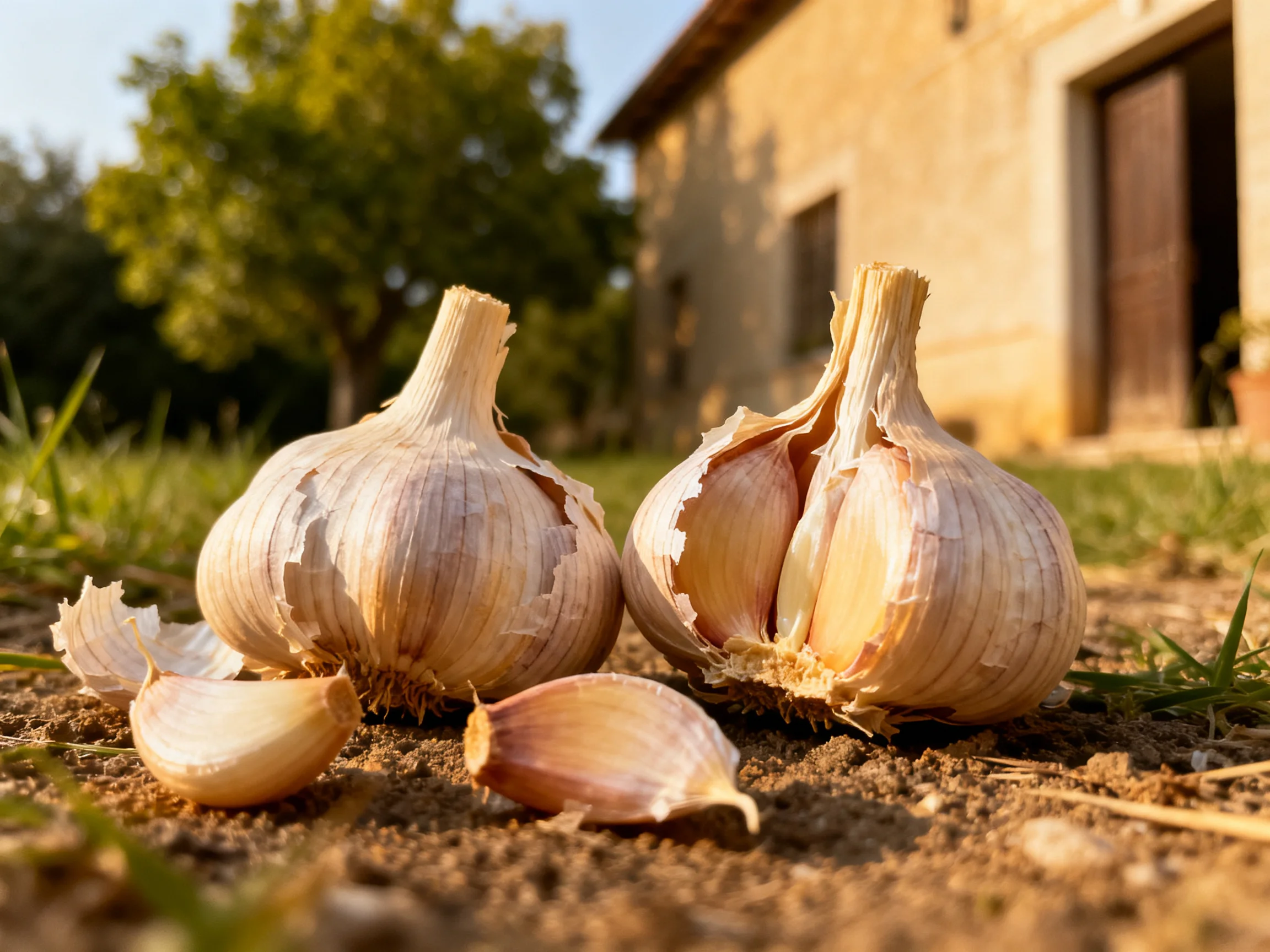 Fresh garlic bulbs and cloves near a rustic stone house