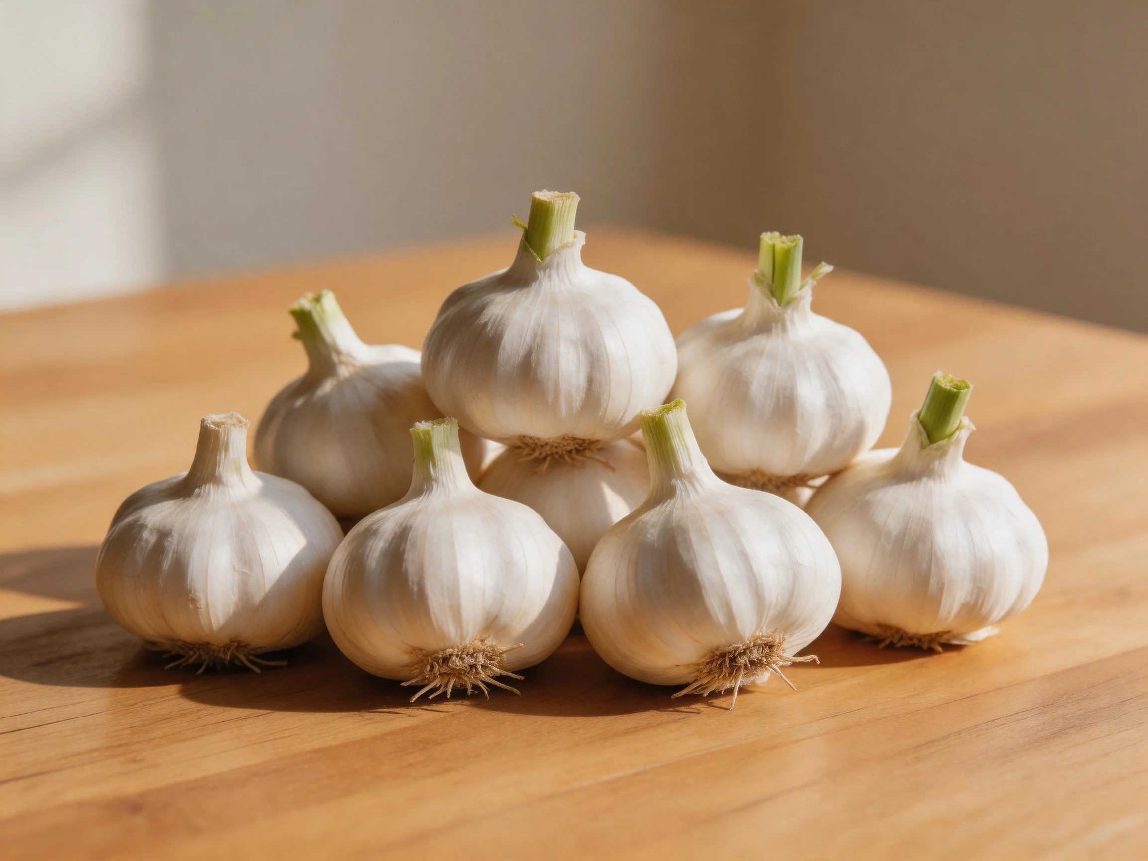 Fresh garlic bulbs arranged on a wooden surface