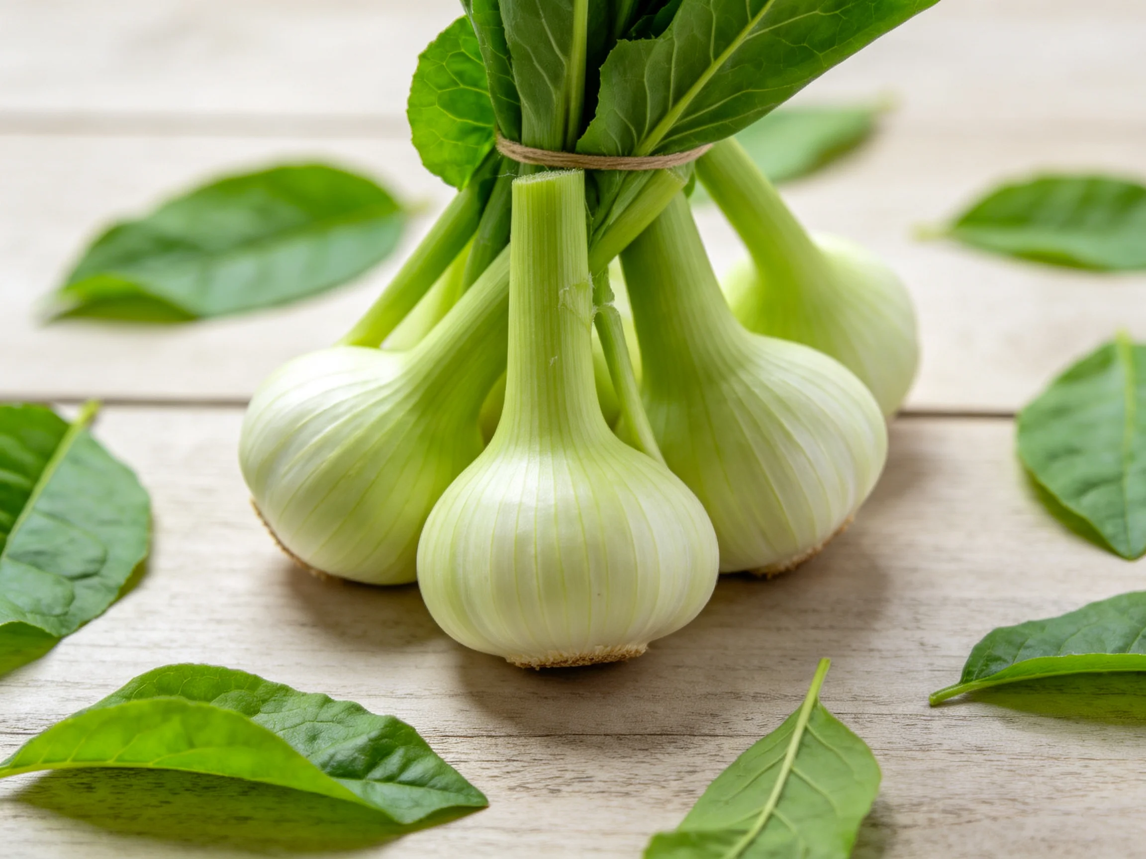 Fresh garlic bulbs bundled with green leaves on a light wooden surface