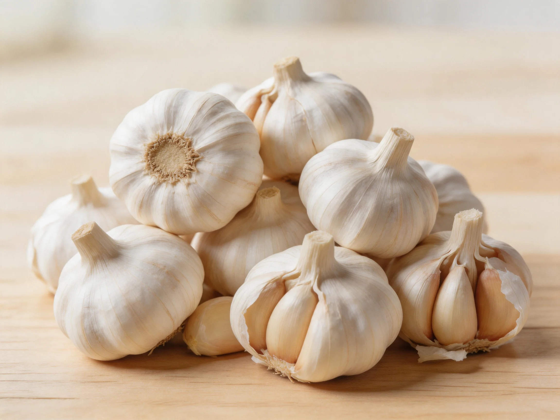 Fresh garlic bulbs clustered on a light wooden surface