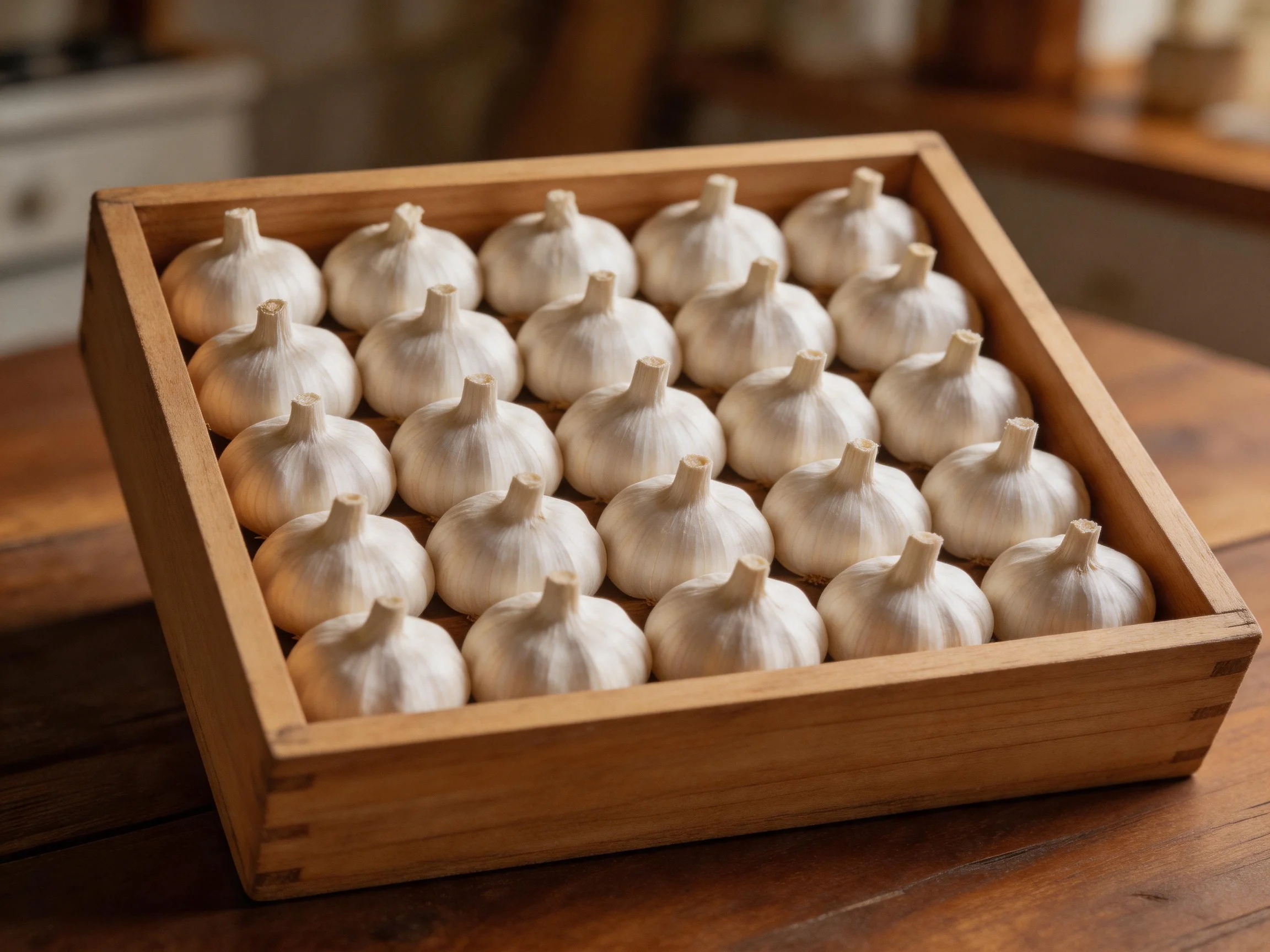 Fresh garlic bulbs neatly arranged in a wooden crate on a wooden table
